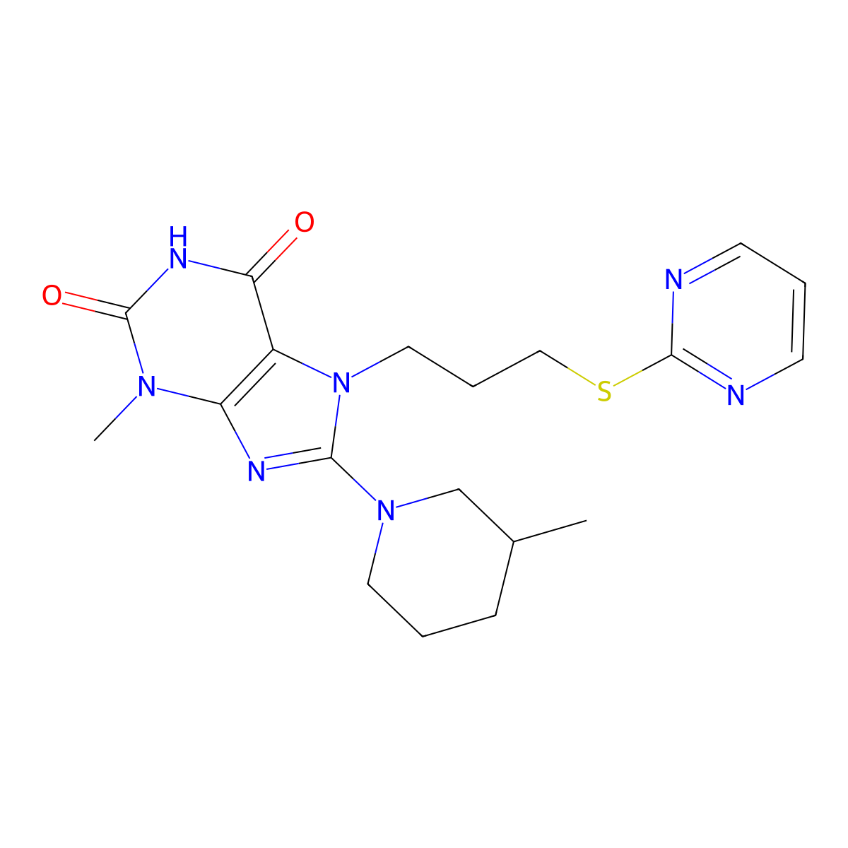 3-Methyl-8-(3-methylpiperidin-1-yl)-7-(3-pyrimidin-2-ylsulfanylpropyl)purine-2,6-dione molecular structure, CAS 673498-22-1