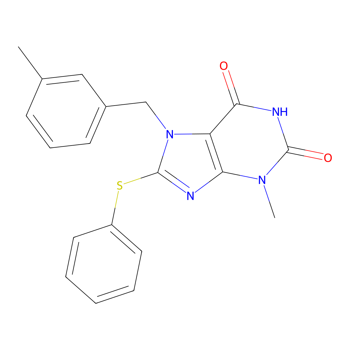 3-Methyl-7-[(3-methylphenyl)methyl]-8-phenylsulfanylpurine-2,6-dione molecular structure, CAS 673498-26-5