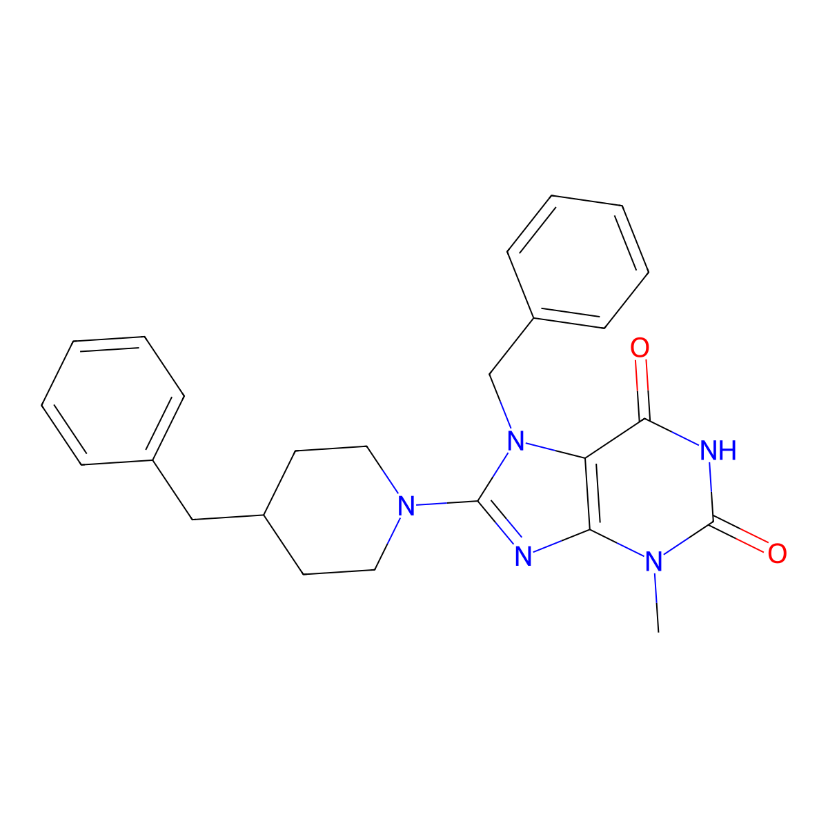 7-Benzyl-8-(4-benzylpiperidin-1-yl)-3-methylpurine-2,6-dione molecular structure, CAS 673498-35-6
