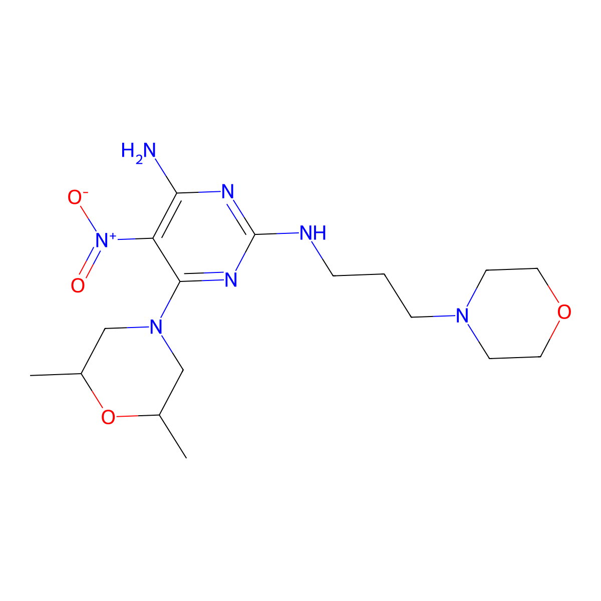 6-(2,6-dimethylmorpholino)-N2-(3-morpholinopropyl)-5-nitropyrimidine-2,4-diamine molecular structure, CAS 673499-36-0