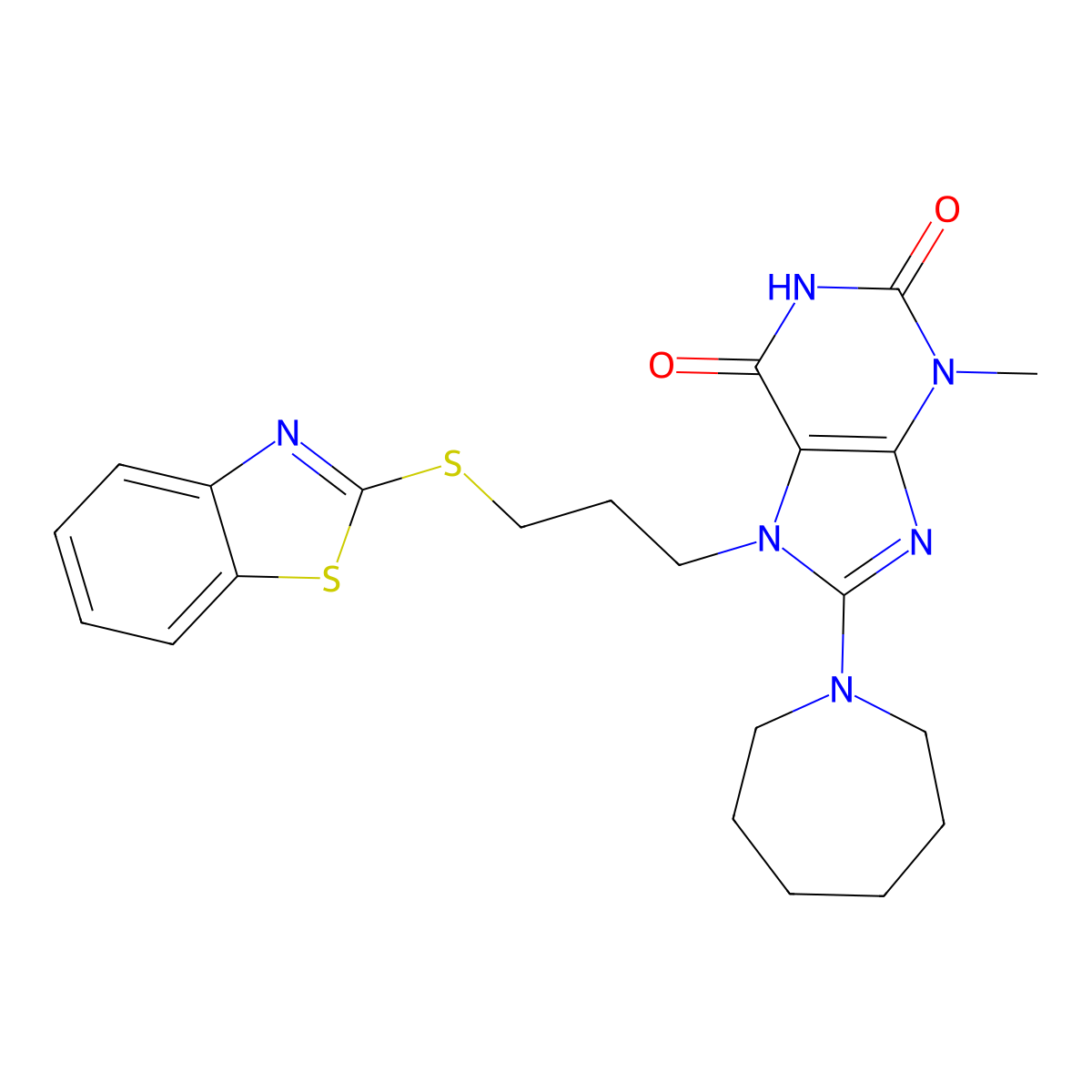 8-(azepan-1-yl)-7-[3-(1,3-benzothiazol-2-ylsulfanyl)propyl]-3-methyl-2,3,6,7-tetrahydro-1H-purine-2,6-dione molecular structure, CAS 673499-39-3