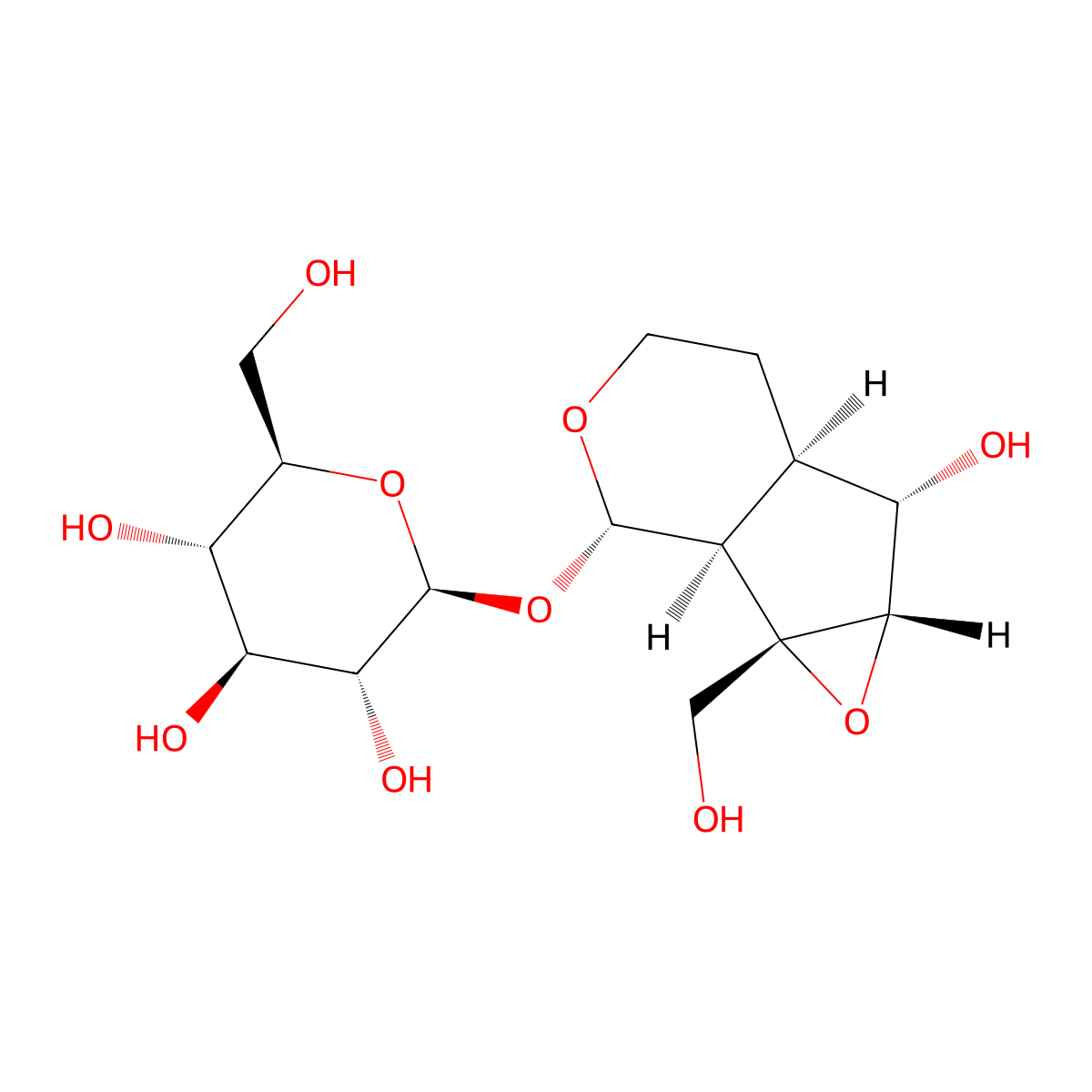 beta-D-Glucopyranoside, (1aS,1bS,2S,6R,6aS,6bS)-octahydro-6-hydroxy-1a-(hydroxymethyl)oxireno(4,5)cyclopenta(1,2-c)pyran-2-yl molecular structure, CAS 6736-86-3