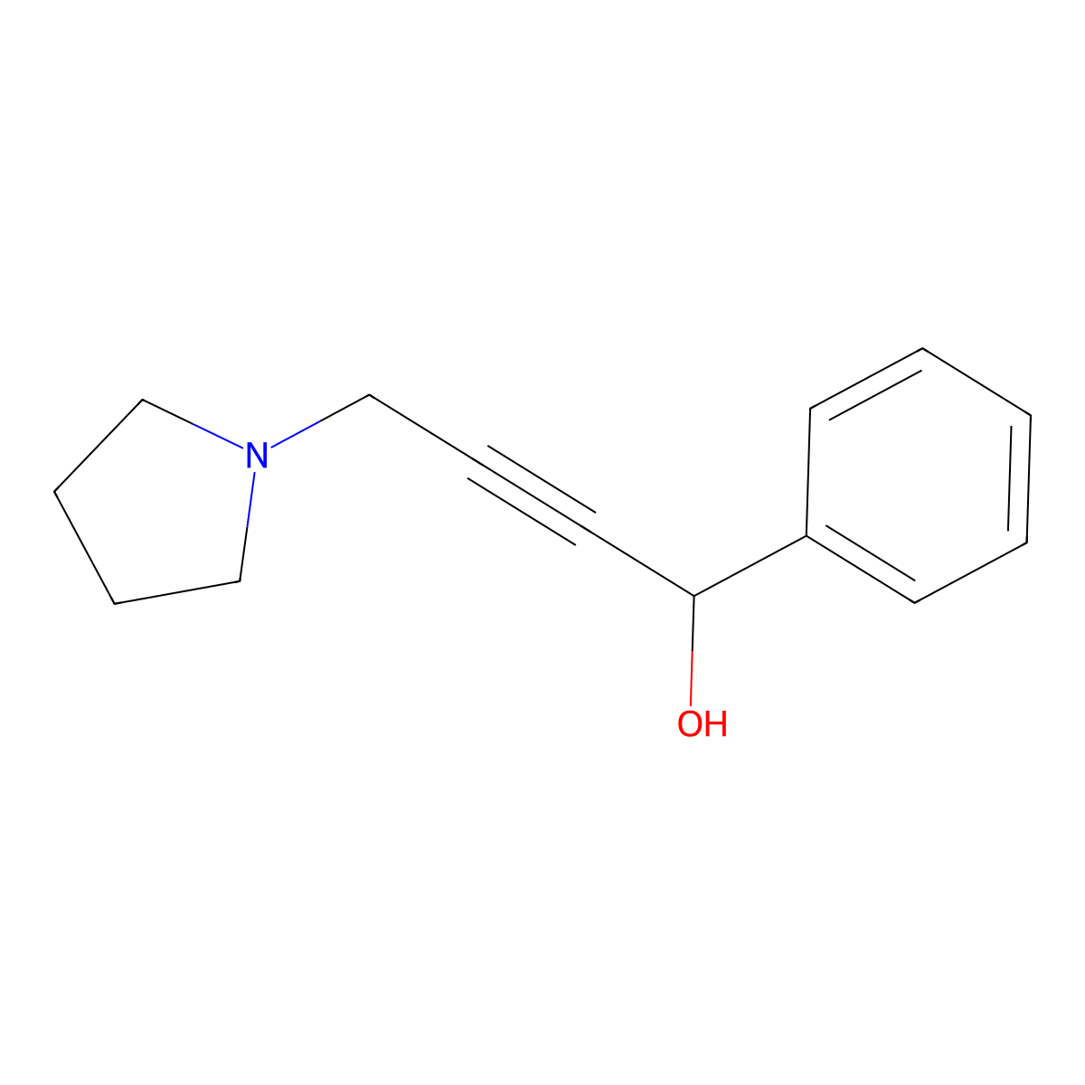 1-Phenyl-4-pyrrolidin-1-ylbut-2-yn-1-ol molecular structure, CAS 67404-75-5