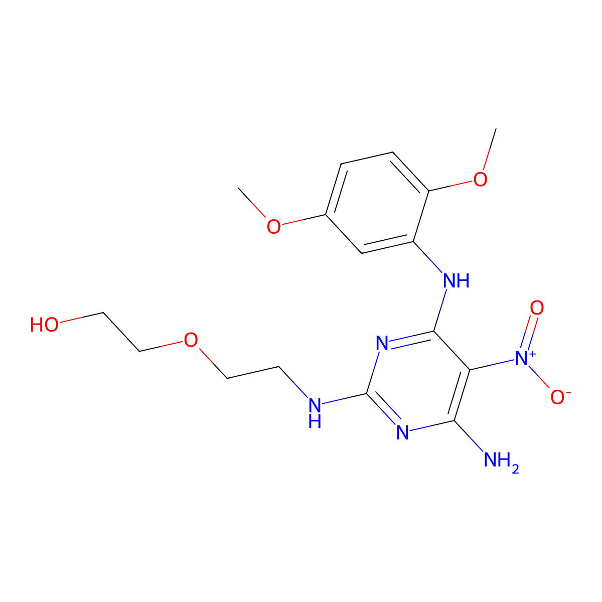 2-(2-((4-Amino-6-((2,5-dimethoxyphenyl)amino)-5-nitropyrimidin-2-yl)amino)ethoxy)ethanol molecular structure, CAS 674294-16-7