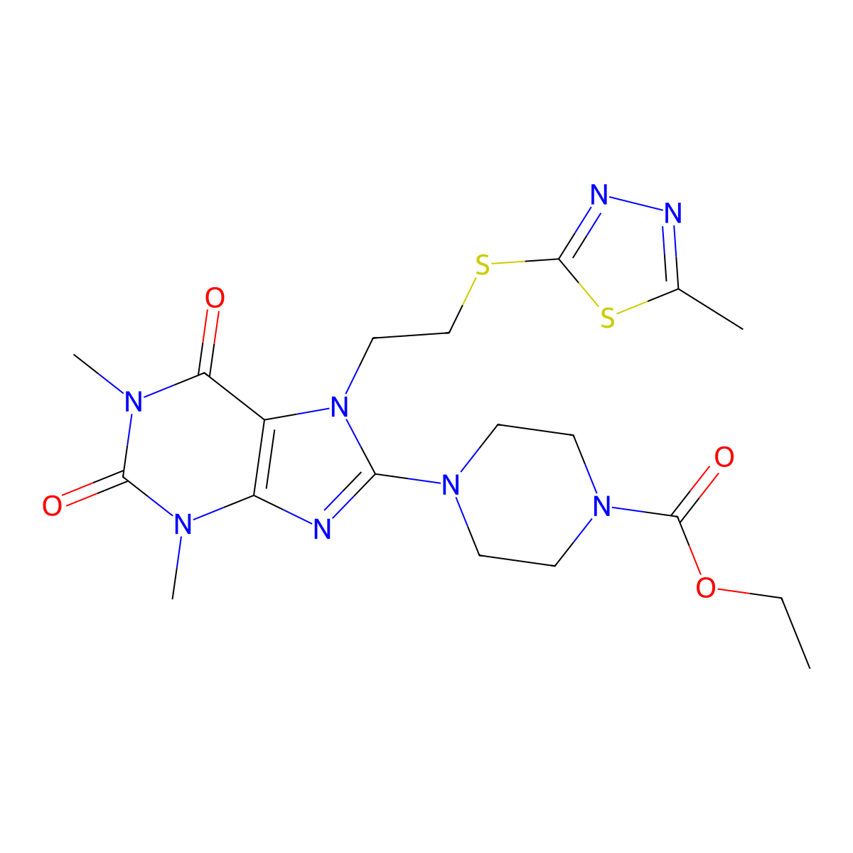 Ethyl 4-[1,3-dimethyl-7-[2-[(5-methyl-1,3,4-thiadiazol-2-yl)sulfanyl]ethyl]-2,6-dioxopurin-8-yl]piperazine-1-carboxylate molecular structure, CAS 674294-37-2
