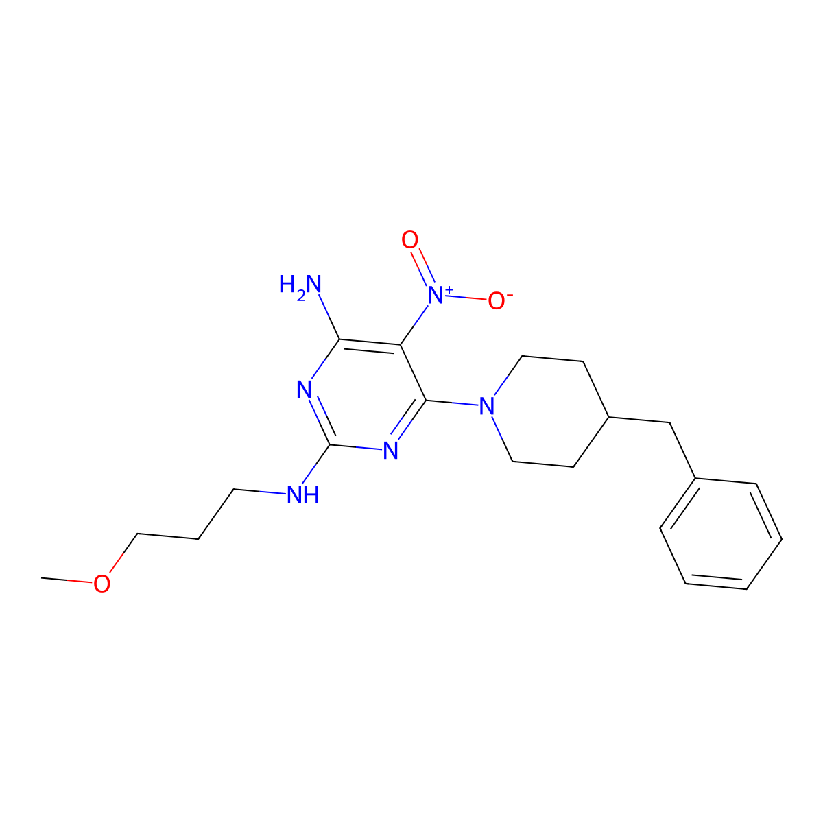 6-(4-benzylpiperidin-1-yl)-N2-(3-methoxypropyl)-5-nitropyrimidine-2,4-diamine molecular structure, CAS 674294-46-3