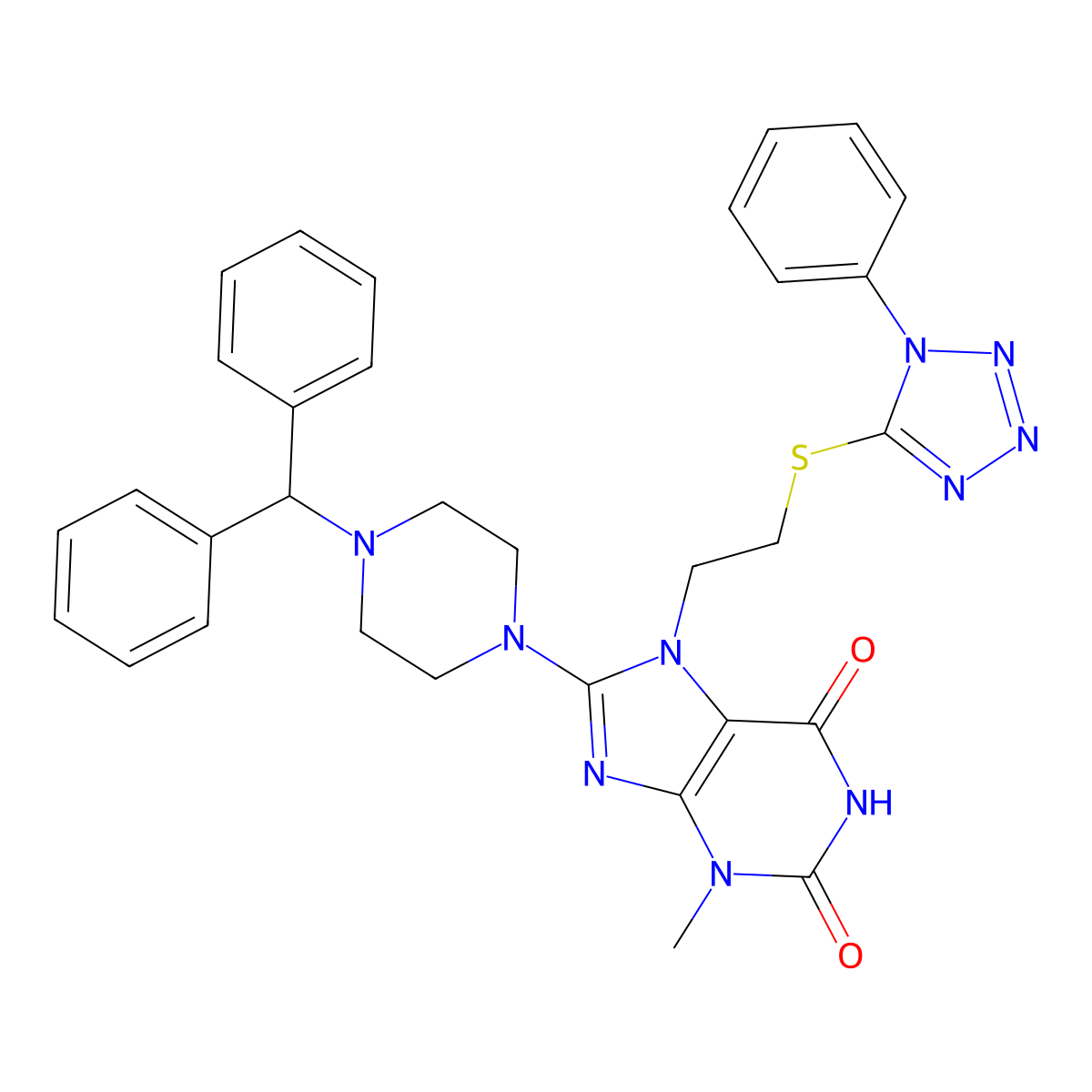 8-(4-Benzhydrylpiperazin-1-yl)-3-methyl-7-[2-(1-phenyltetrazol-5-yl)sulfanylethyl]purine-2,6-dione molecular structure, CAS 674294-90-7