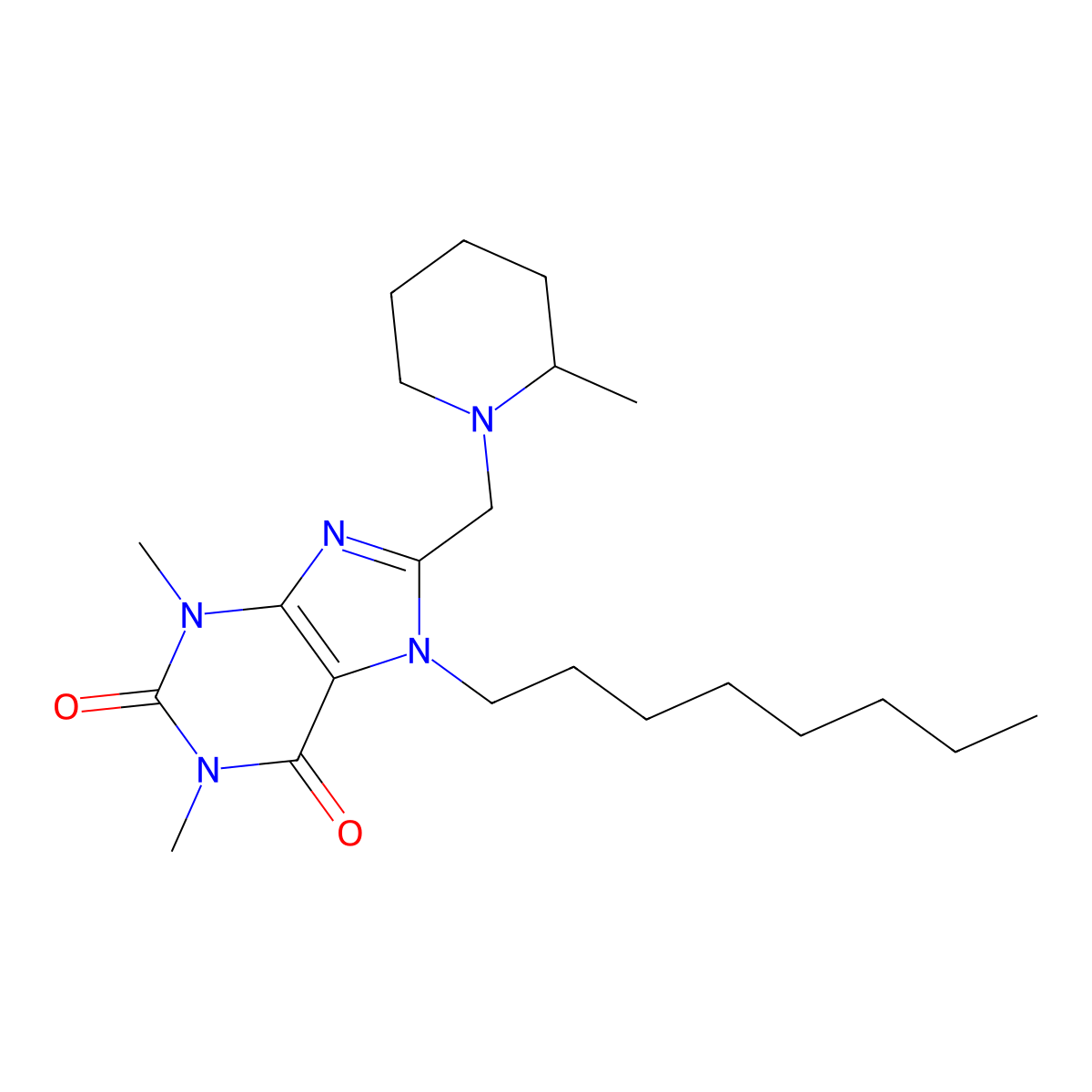 1,3-Dimethyl-8-[(2-methylpiperidin-1-yl)methyl]-7-octylpurine-2,6-dione molecular structure, CAS 674295-77-3