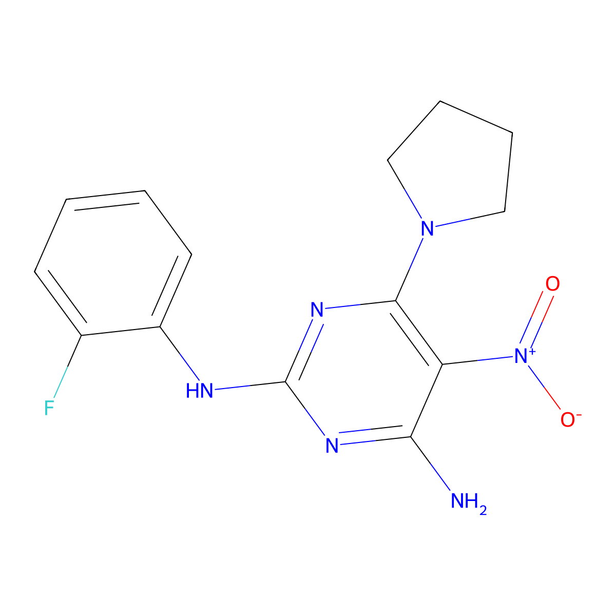 2-N-(2-fluorophenyl)-5-nitro-6-pyrrolidin-1-ylpyrimidine-2,4-diamine molecular structure, CAS 674296-05-0