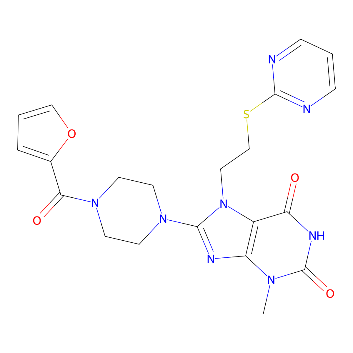 8-[4-(Furan-2-carbonyl)piperazin-1-yl]-3-methyl-7-(2-pyrimidin-2-ylsulfanylethyl)purine-2,6-dione molecular structure, CAS 674296-53-8