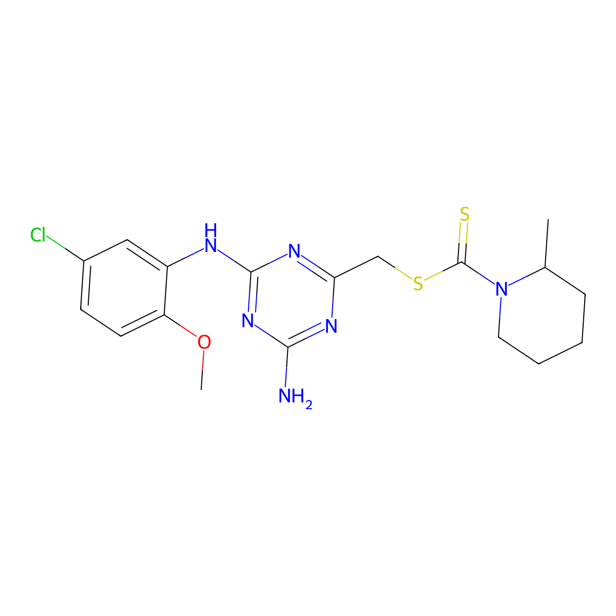 {4-Amino-6-[(5-chloro-2-methoxyphenyl)amino]-1,3,5-triazin-2-yl}methyl 2-methylpiperidine-1-carbodithioate molecular structure, CAS 674296-75-4