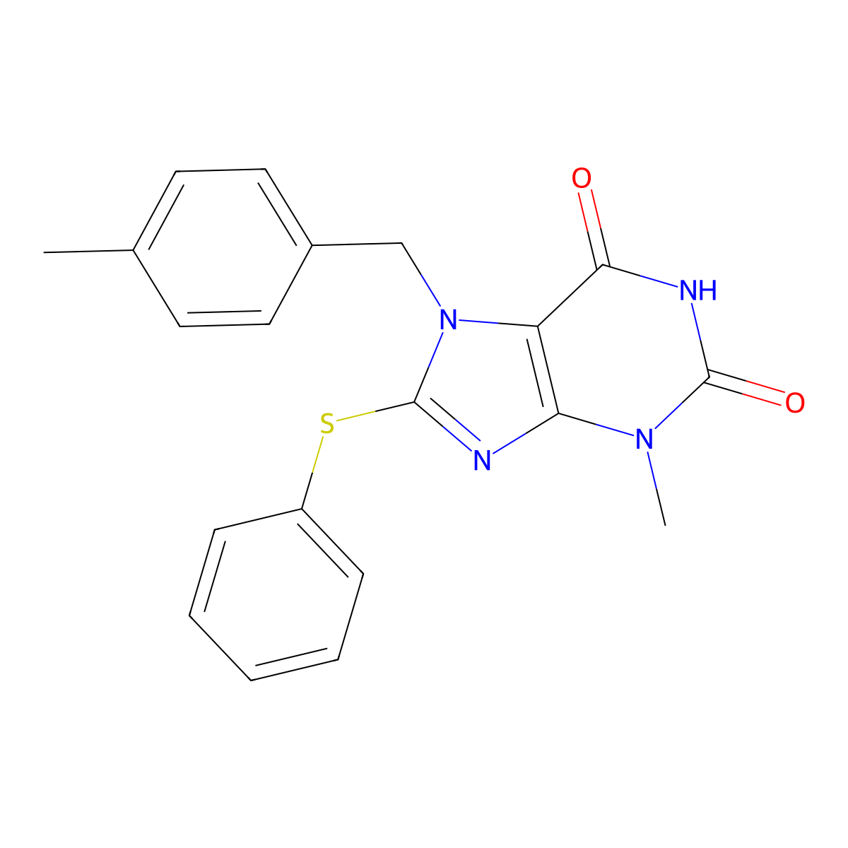 3-Methyl-7-[(4-methylphenyl)methyl]-8-phenylsulfanylpurine-2,6-dione molecular structure, CAS 674296-86-7