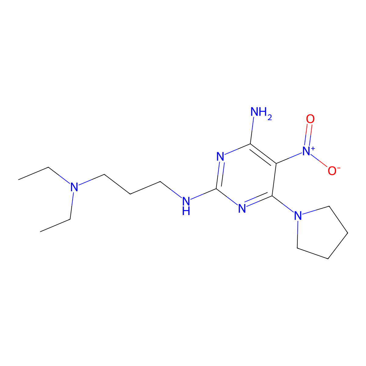 N2-(3-(diethylamino)propyl)-5-nitro-6-(pyrrolidin-1-yl)pyrimidine-2,4-diamine molecular structure, CAS 674297-49-5