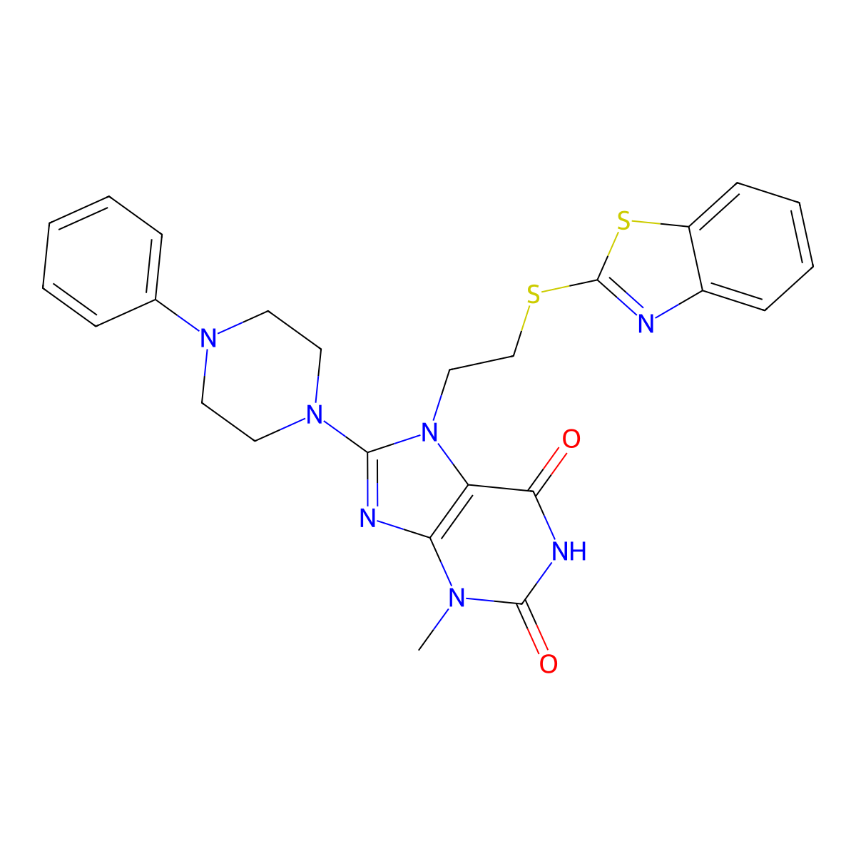 7-[2-(1,3-Benzothiazol-2-ylsulfanyl)ethyl]-3-methyl-8-(4-phenylpiperazin-1-yl)purine-2,6-dione molecular structure, CAS 674305-11-4