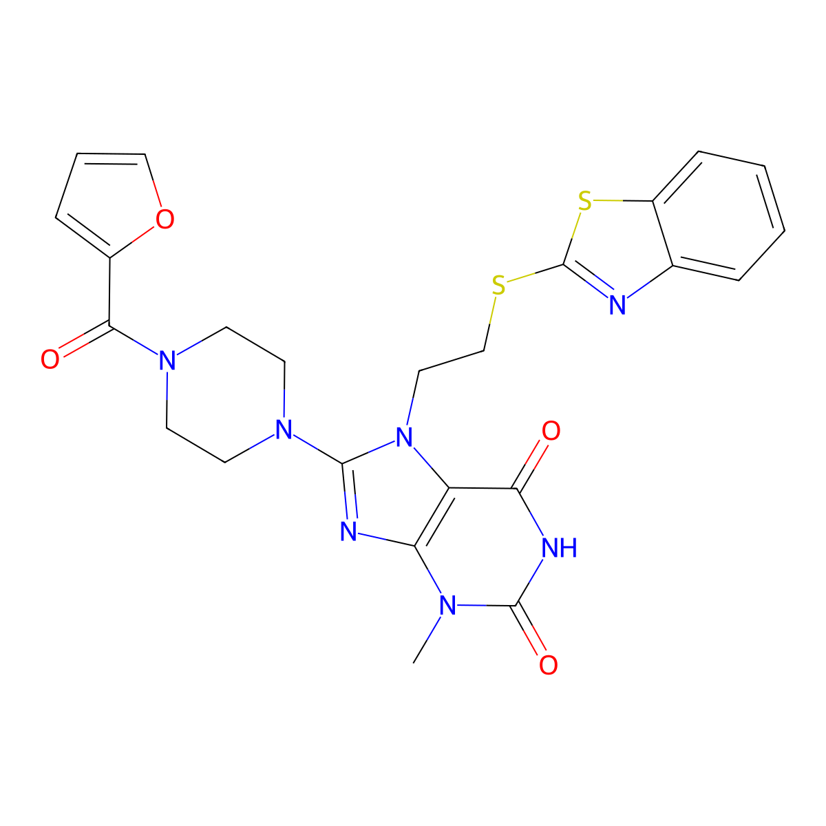 7-[2-(1,3-Benzothiazol-2-ylsulfanyl)ethyl]-8-[4-(furan-2-carbonyl)piperazin-1-yl]-3-methylpurine-2,6-dione molecular structure, CAS 674305-13-6