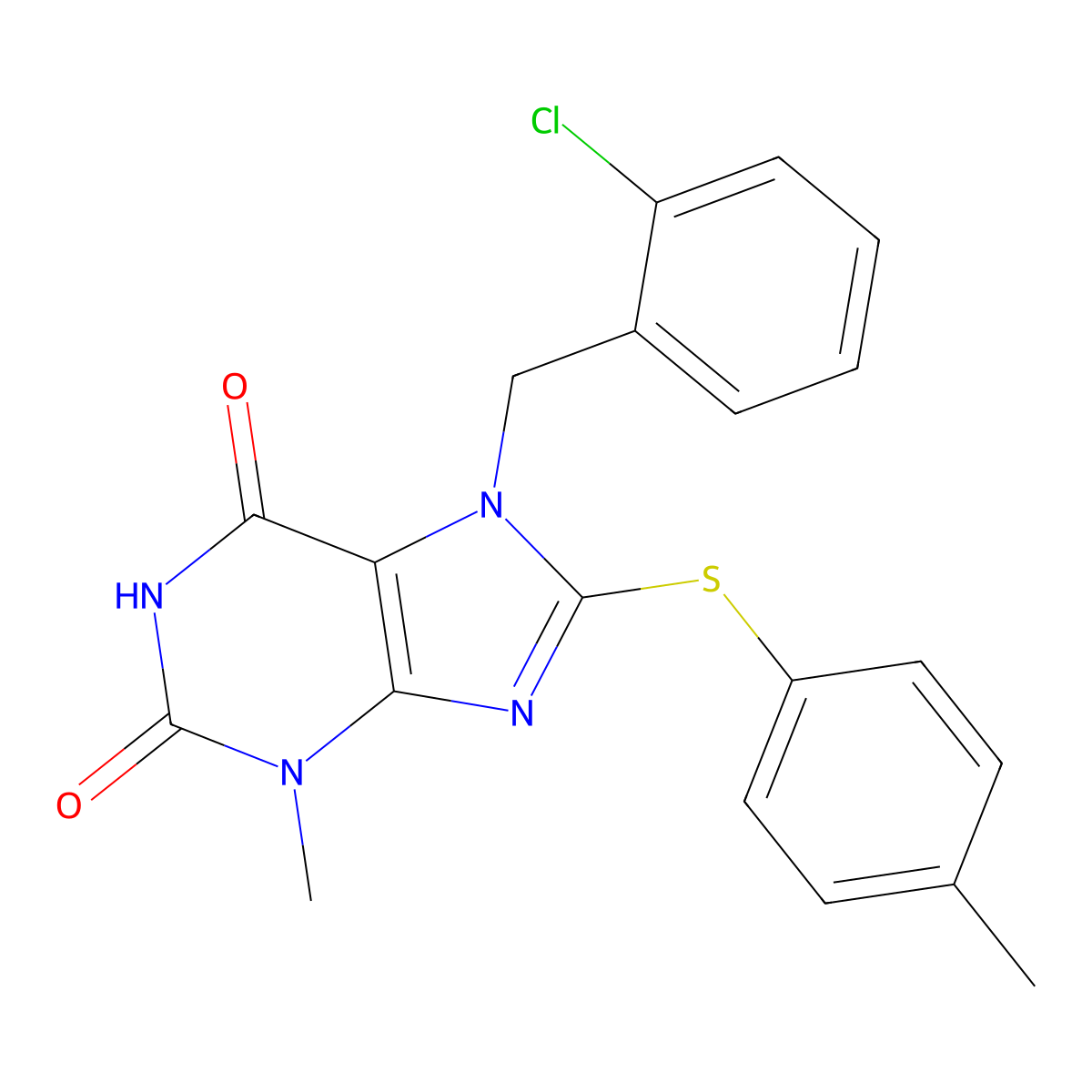 7-[(2-Chlorophenyl)methyl]-3-methyl-8-(4-methylphenyl)sulfanylpurine-2,6-dione molecular structure, CAS 674305-36-3