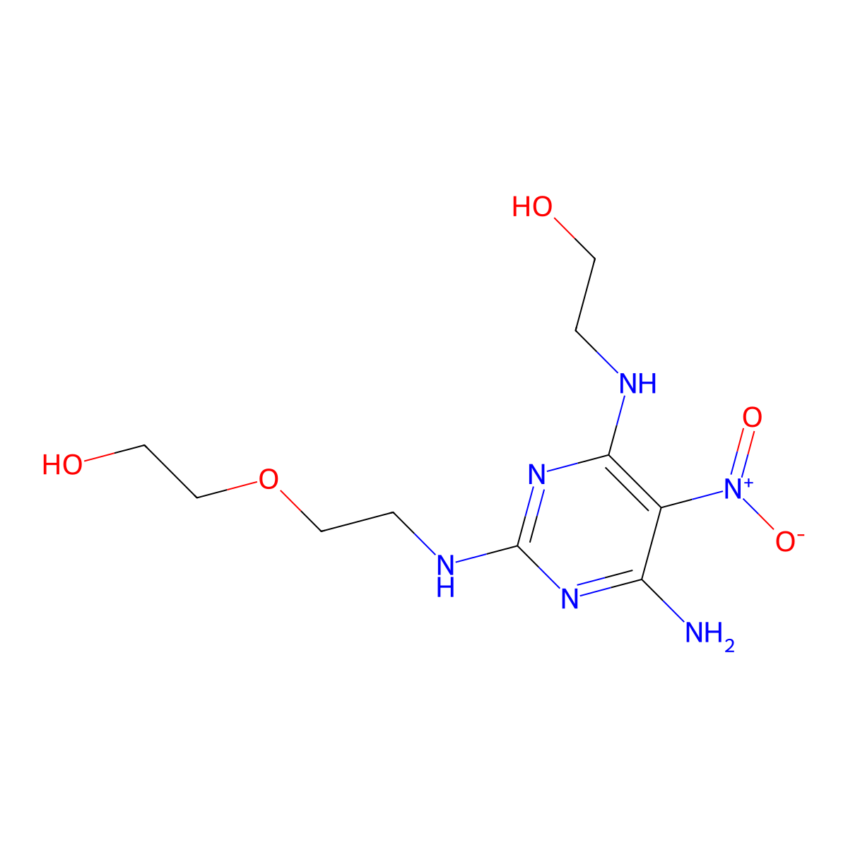 2-((6-Amino-2-((2-(2-hydroxyethoxy)ethyl)amino)-5-nitropyrimidin-4-yl)amino)ethanol molecular structure, CAS 674305-60-3