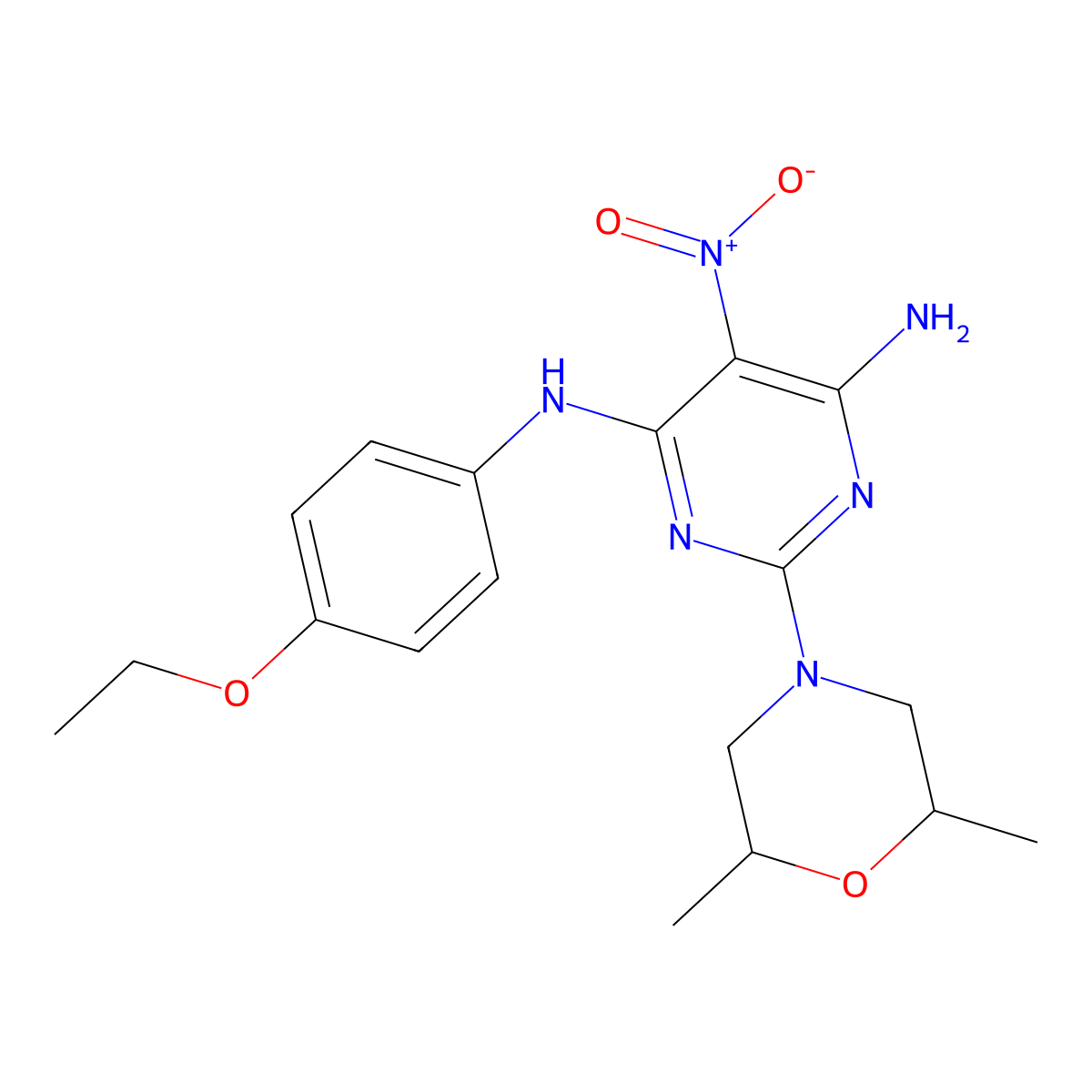2-(2,6-dimethylmorpholino)-N4-(4-ethoxyphenyl)-5-nitropyrimidine-4,6-diamine molecular structure, CAS 674305-82-9