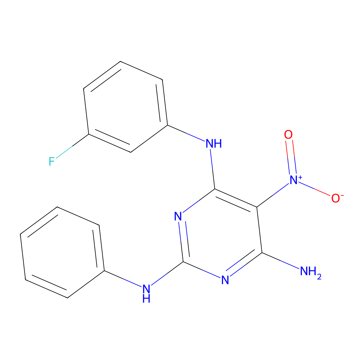 N4-(3-fluorophenyl)-5-nitro-N2-phenylpyrimidine-2,4,6-triamine molecular structure, CAS 674306-06-0