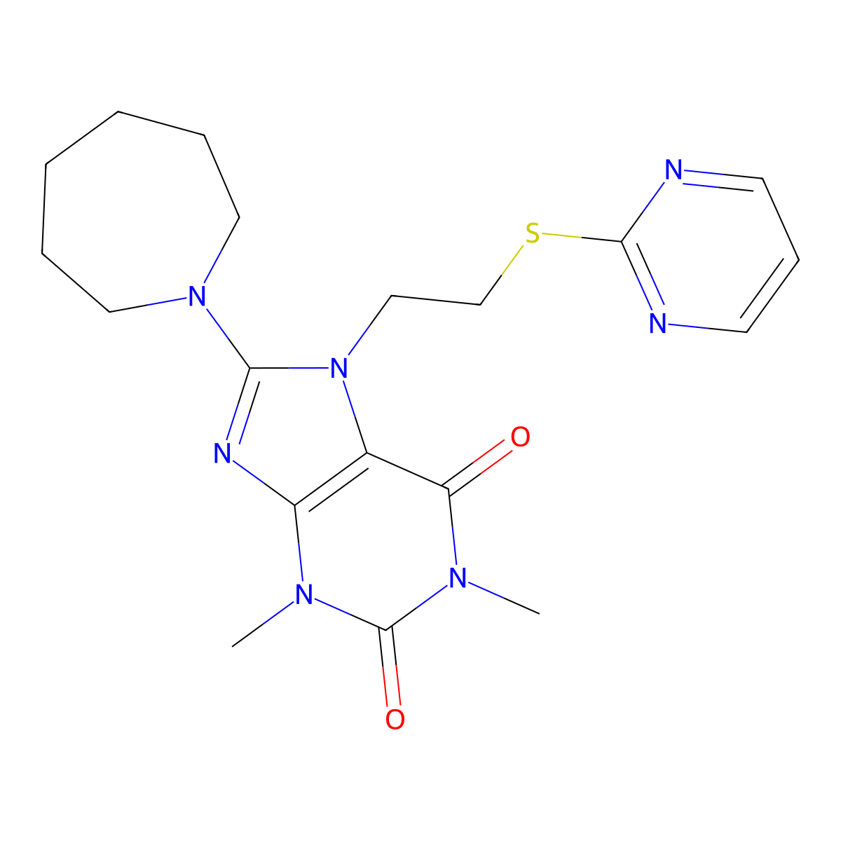 8-(Azepan-1-yl)-1,3-dimethyl-7-(2-pyrimidin-2-ylsulfanylethyl)purine-2,6-dione molecular structure, CAS 674306-56-0