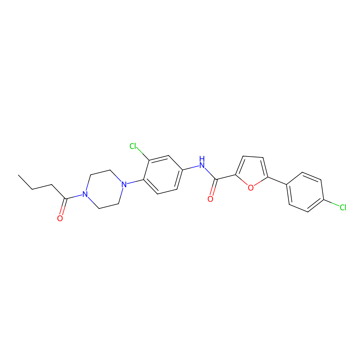 N-[4-(4-butanoylpiperazin-1-yl)-3-chlorophenyl]-5-(4-chlorophenyl)furan-2-carboxamide molecular structure, CAS 674306-83-3