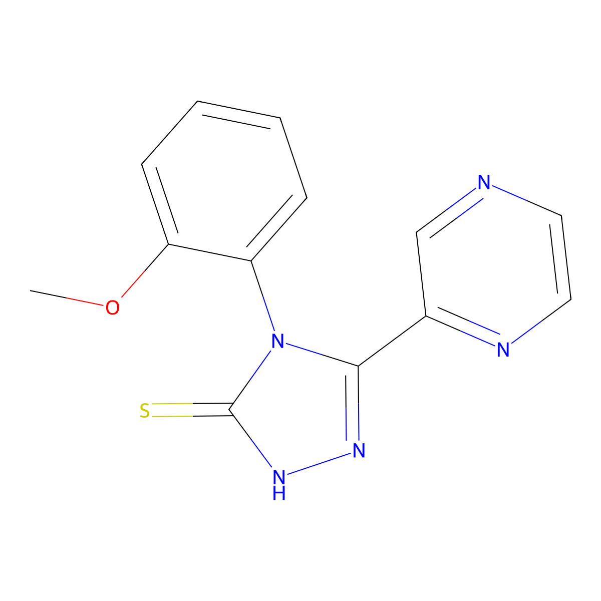 4-(2-methoxyphenyl)-3-pyrazin-2-yl-1H-1,2,4-triazole-5-thione molecular structure, CAS 674306-88-8