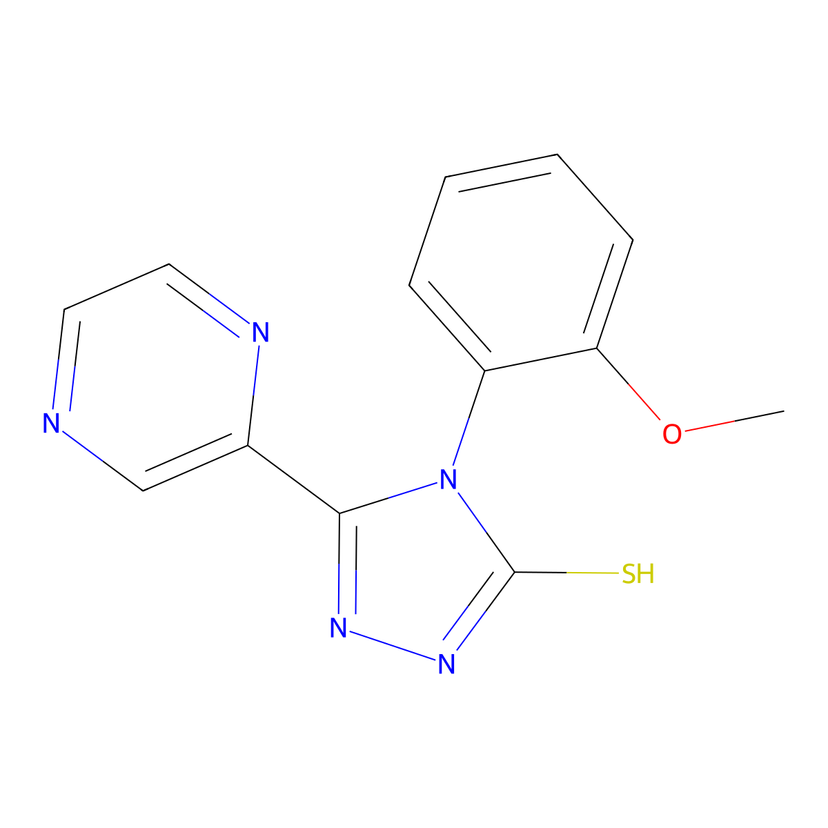 4-(2-methoxyphenyl)-3-pyrazin-2-yl-1H-1,2,4-triazole-5-thione molecular structure, CAS 674306-88-8
