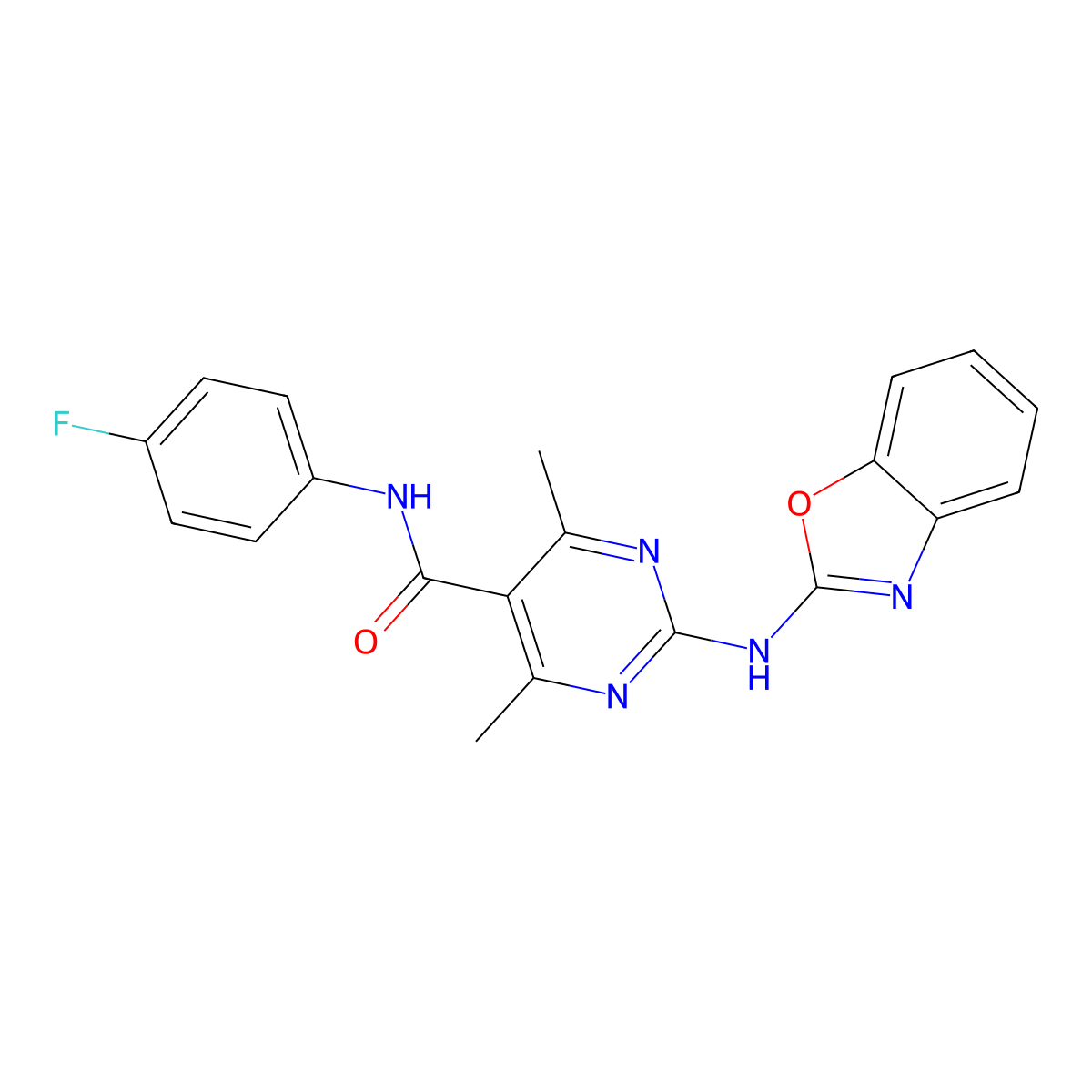 2-(1,3-benzoxazol-2-ylamino)-N-(4-fluorophenyl)-4,6-dimethylpyrimidine-5-carboxamide molecular structure, CAS 674307-03-0