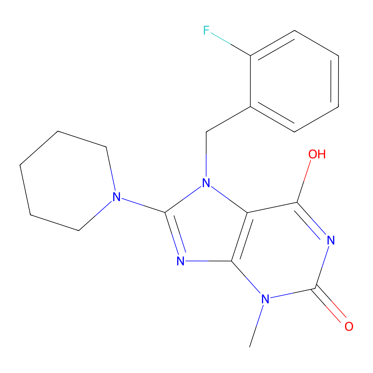 7-(2-Fluoro-benzyl)-3-methyl-8-piperidin-1-yl-3,7-dihydro-purine-2,6-dione molecular structure, CAS 674307-48-3