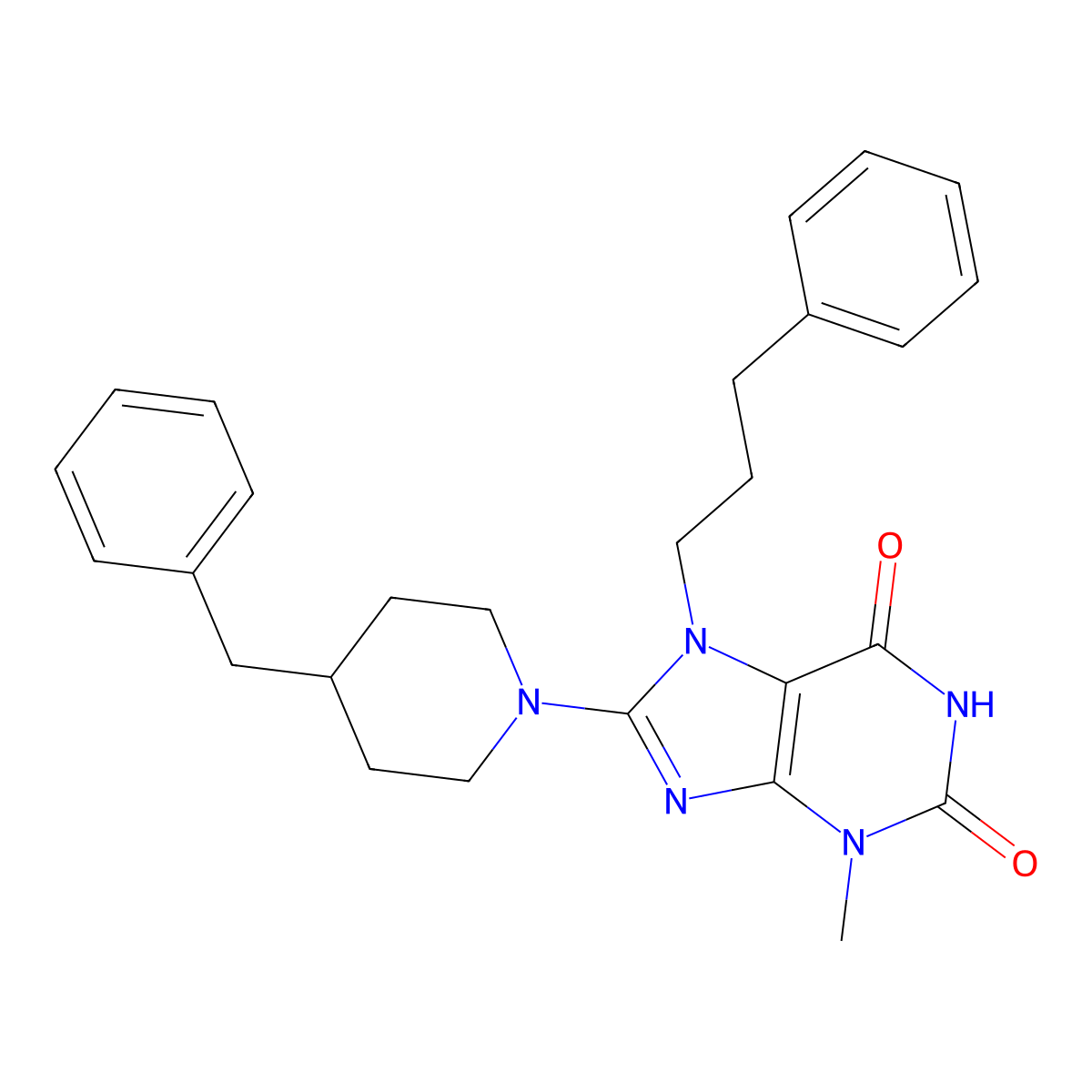 8-(4-Benzylpiperidin-1-yl)-3-methyl-7-(3-phenylpropyl)purine-2,6-dione molecular structure, CAS 674307-64-3