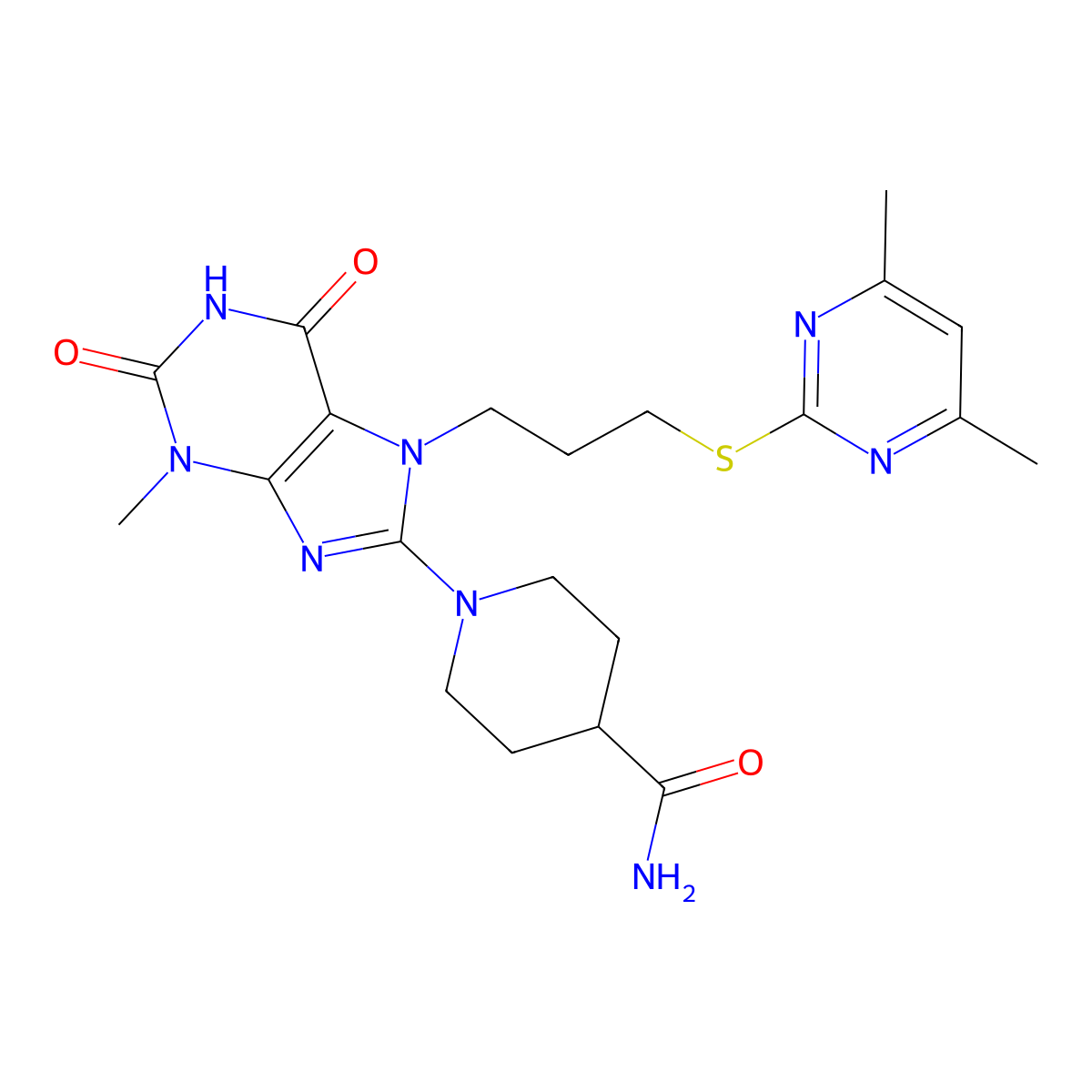 1-(7-{3-[(4,6-dimethylpyrimidin-2-yl)sulfanyl]propyl}-3-methyl-2,6-dioxo-2,3,6,7-tetrahydro-1H-purin-8-yl)piperidine-4-carboxamide molecular structure, CAS 674307-74-5