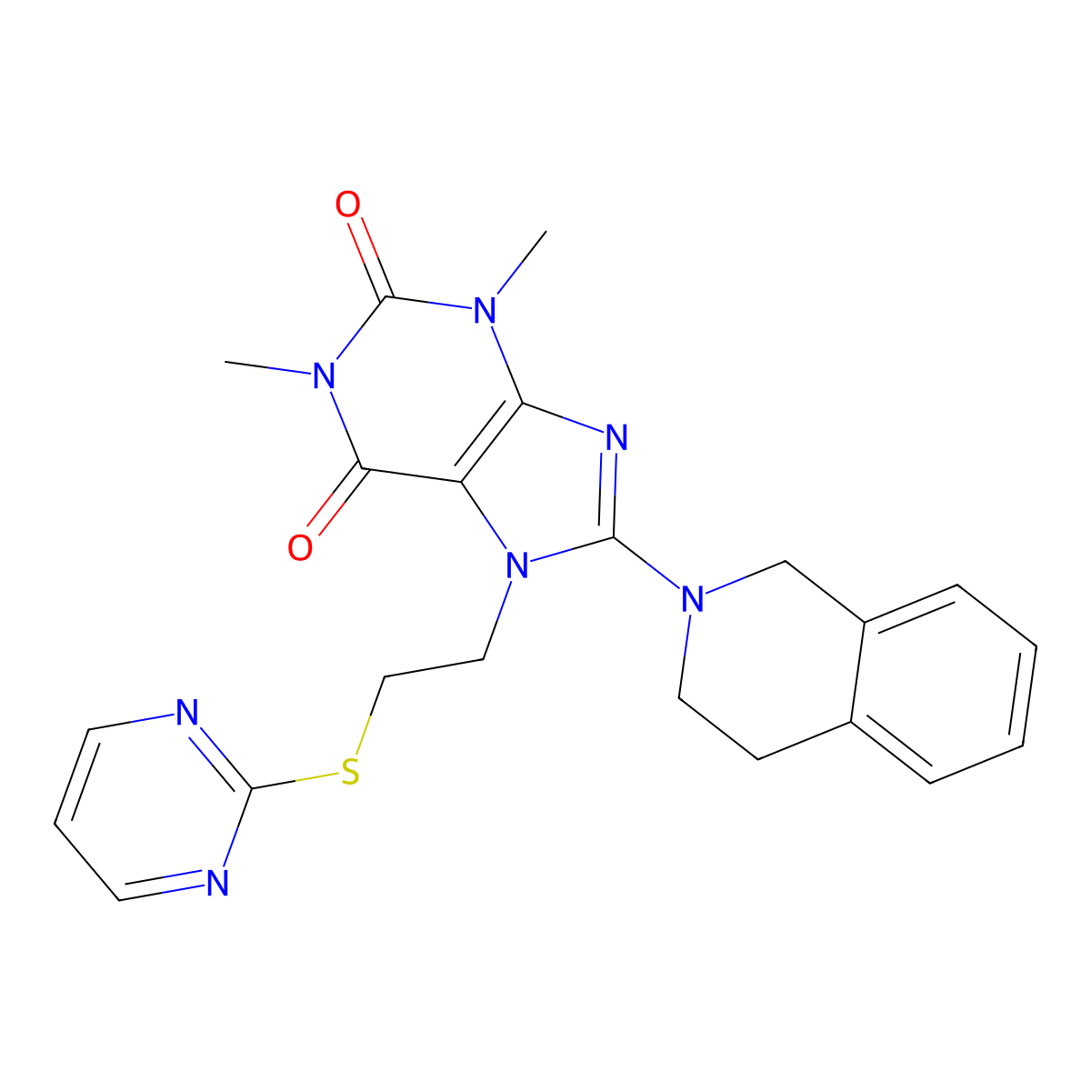 1,3-dimethyl-7-[2-(pyrimidin-2-ylsulfanyl)ethyl]-8-(1,2,3,4-tetrahydroisoquinolin-2-yl)-2,3,6,7-tetrahydro-1H-purine-2,6-dione molecular structure, CAS 674308-15-7