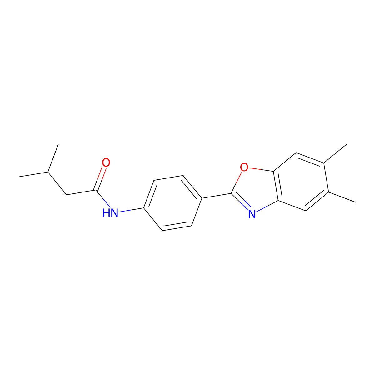 N-[4-(5,6-dimethyl-1,3-benzoxazol-2-yl)phenyl]-3-methylbutanamide molecular structure, CAS 674329-55-6