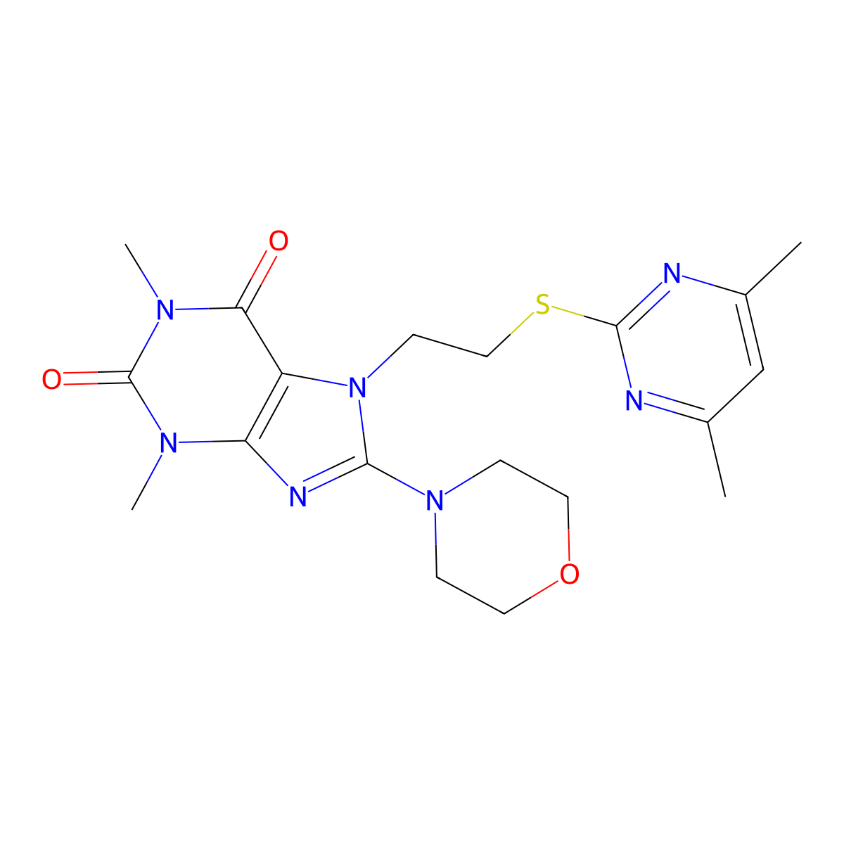 7-{2-[(4,6-dimethylpyrimidin-2-yl)thio]ethyl}-1,3-dimethyl-8-morpholin-4-yl-3,7-dihydro-1H-purine-2,6-dione molecular structure, CAS 674329-80-7
