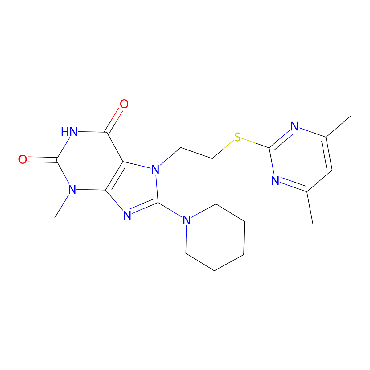 7-[2-(4,6-Dimethylpyrimidin-2-yl)sulfanylethyl]-3-methyl-8-piperidin-1-ylpurine-2,6-dione molecular structure, CAS 674330-30-4