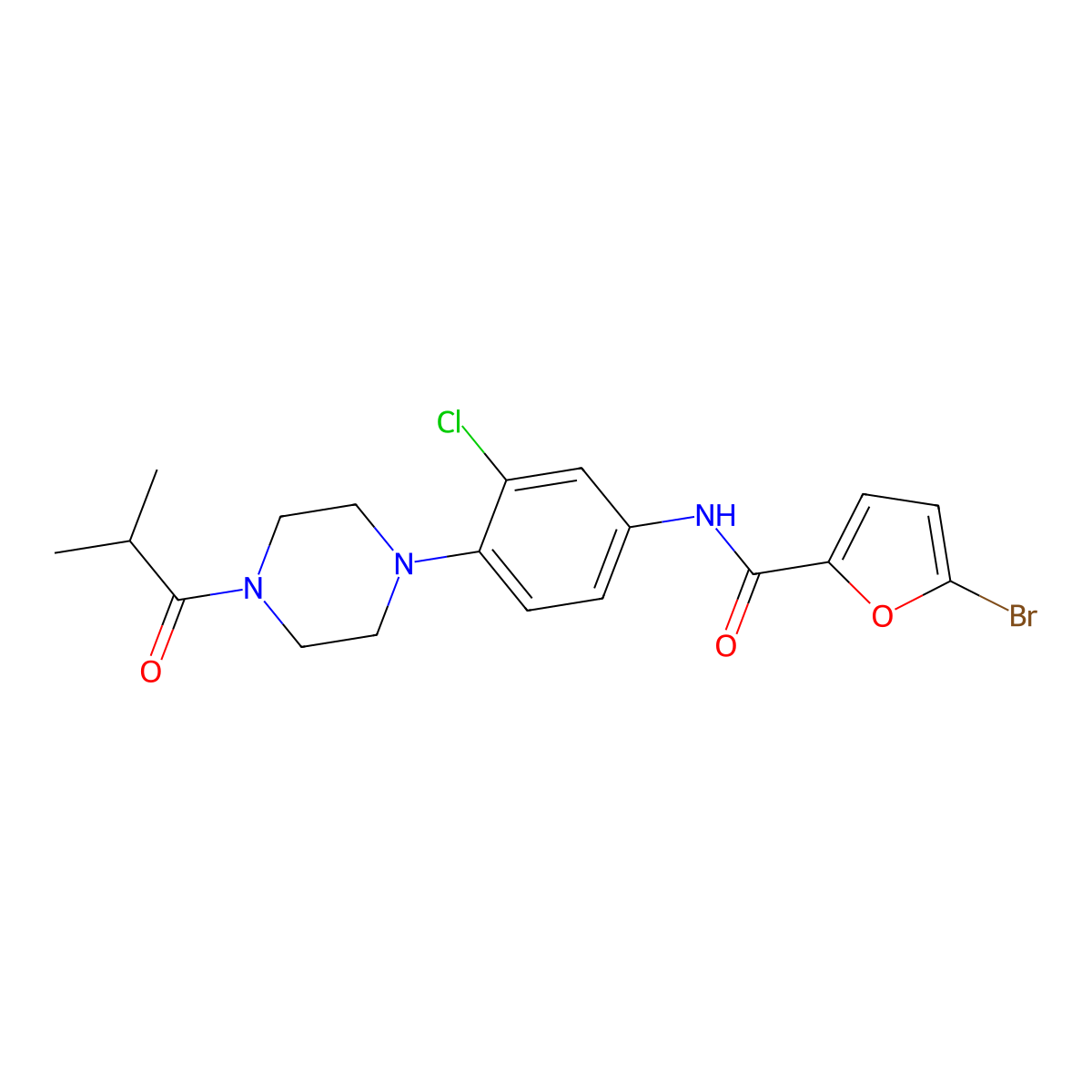 5-bromo-N-[3-chloro-4-[4-(2-methylpropanoyl)piperazin-1-yl]phenyl]furan-2-carboxamide molecular structure, CAS 674330-52-0