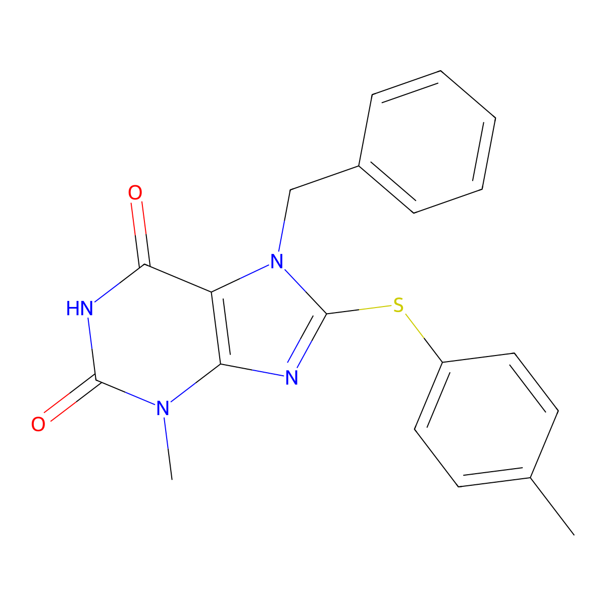 7-Benzyl-3-methyl-8-(4-methylphenyl)sulfanylpurine-2,6-dione molecular structure, CAS 674330-57-5