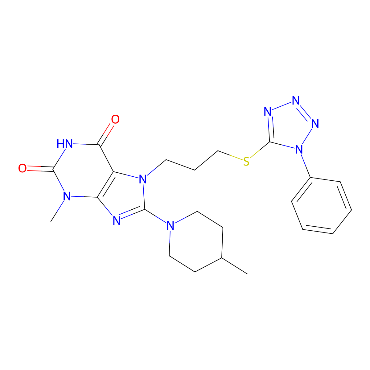3-methyl-8-(4-methylpiperidin-1-yl)-7-{3-[(1-phenyl-1H-1,2,3,4-tetrazol-5-yl)sulfanyl]propyl}-2,3,6,7-tetrahydro-1H-purine-2,6-dione molecular structure, CAS 674331-20-5