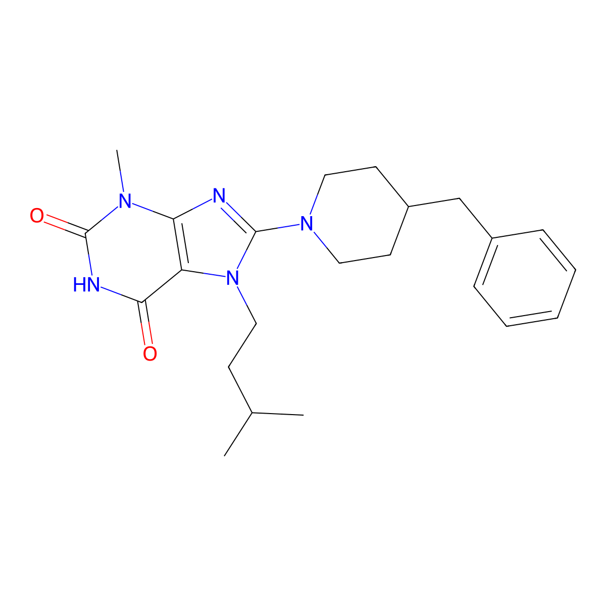8-(4-benzylpiperidin-1-yl)-3-methyl-7-(3-methylbutyl)-2,3,6,7-tetrahydro-1H-purine-2,6-dione molecular structure, CAS 674332-36-6