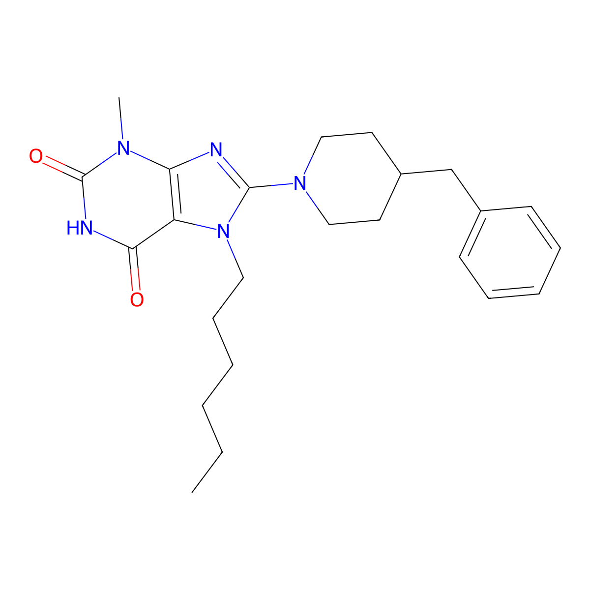 8-(4-Benzylpiperidin-1-yl)-7-hexyl-3-methylpurine-2,6-dione molecular structure, CAS 674332-46-8
