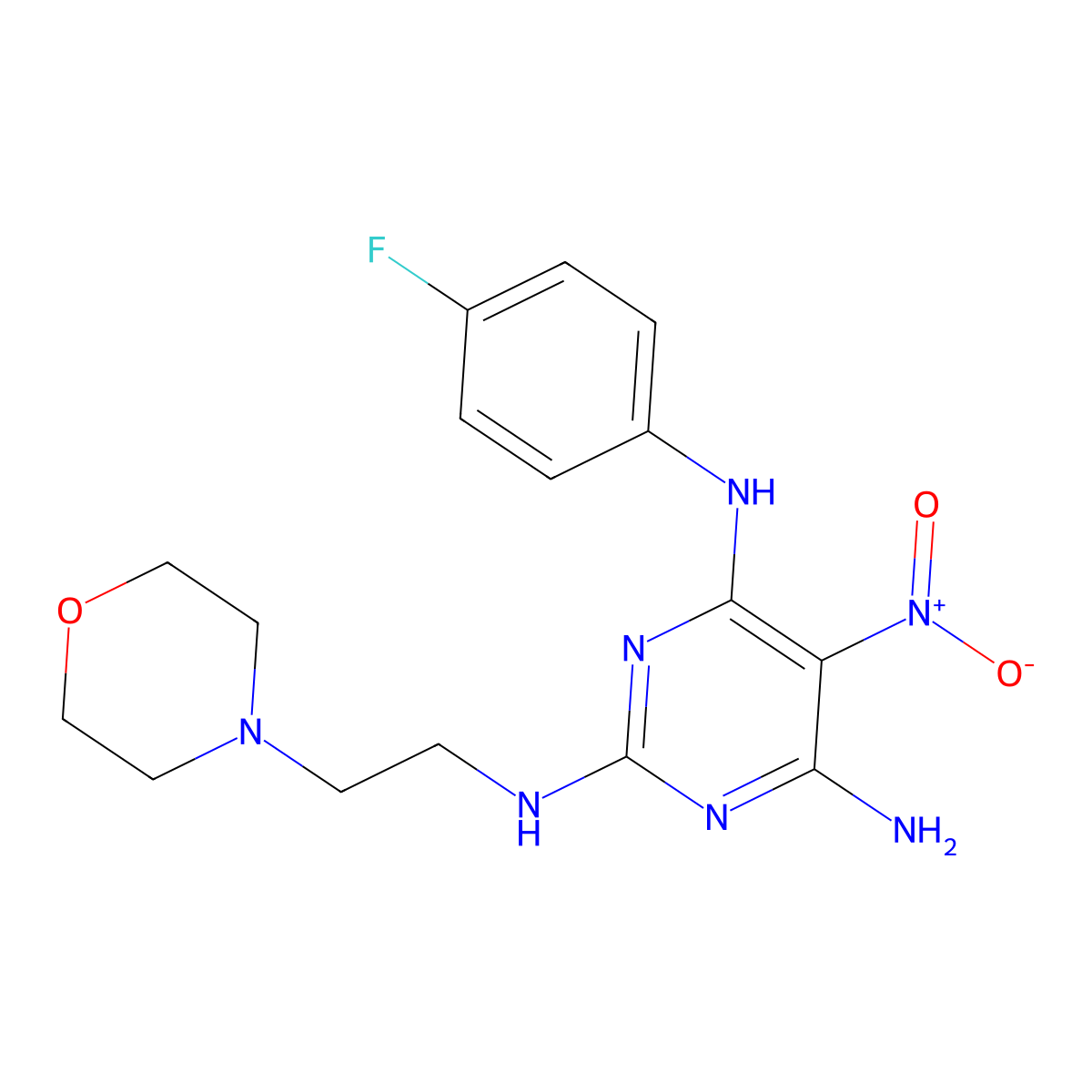 N4-(4-fluorophenyl)-N2-(2-morpholinoethyl)-5-nitropyrimidine-2,4,6-triamine molecular structure, CAS 674332-62-8