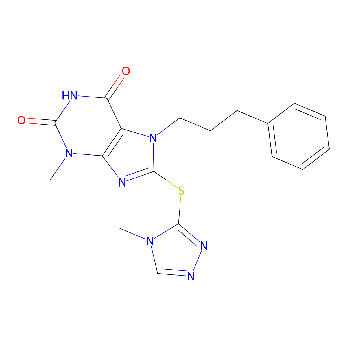 3-methyl-8-[(4-methyl-4H-1,2,4-triazol-3-yl)sulfanyl]-7-(3-phenylpropyl)-2,3,6,7-tetrahydro-1H-purine-2,6-dione molecular structure, CAS 674332-66-2