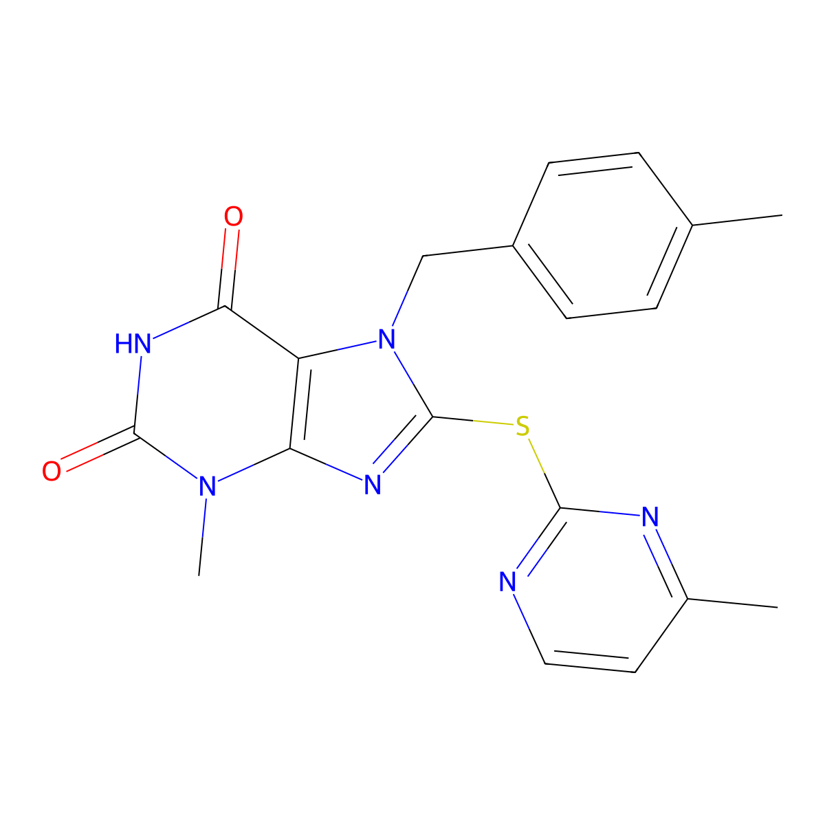 3-Methyl-7-(4-methyl-benzyl)-8-(4-methyl-pyrimidin-2-ylsulfanyl)-3,7-dihydro-purine-2,6-dione molecular structure, CAS 674336-92-6