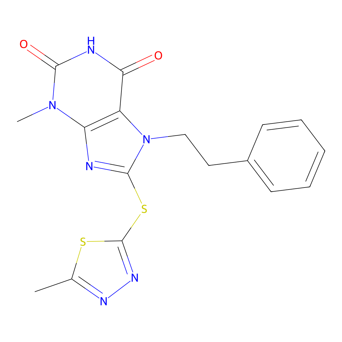 3-methyl-8-((5-methyl-1,3,4-thiadiazol-2-yl)thio)-7-phenethyl-1H-purine-2,6(3H,7H)-dione molecular structure, CAS 674337-01-0