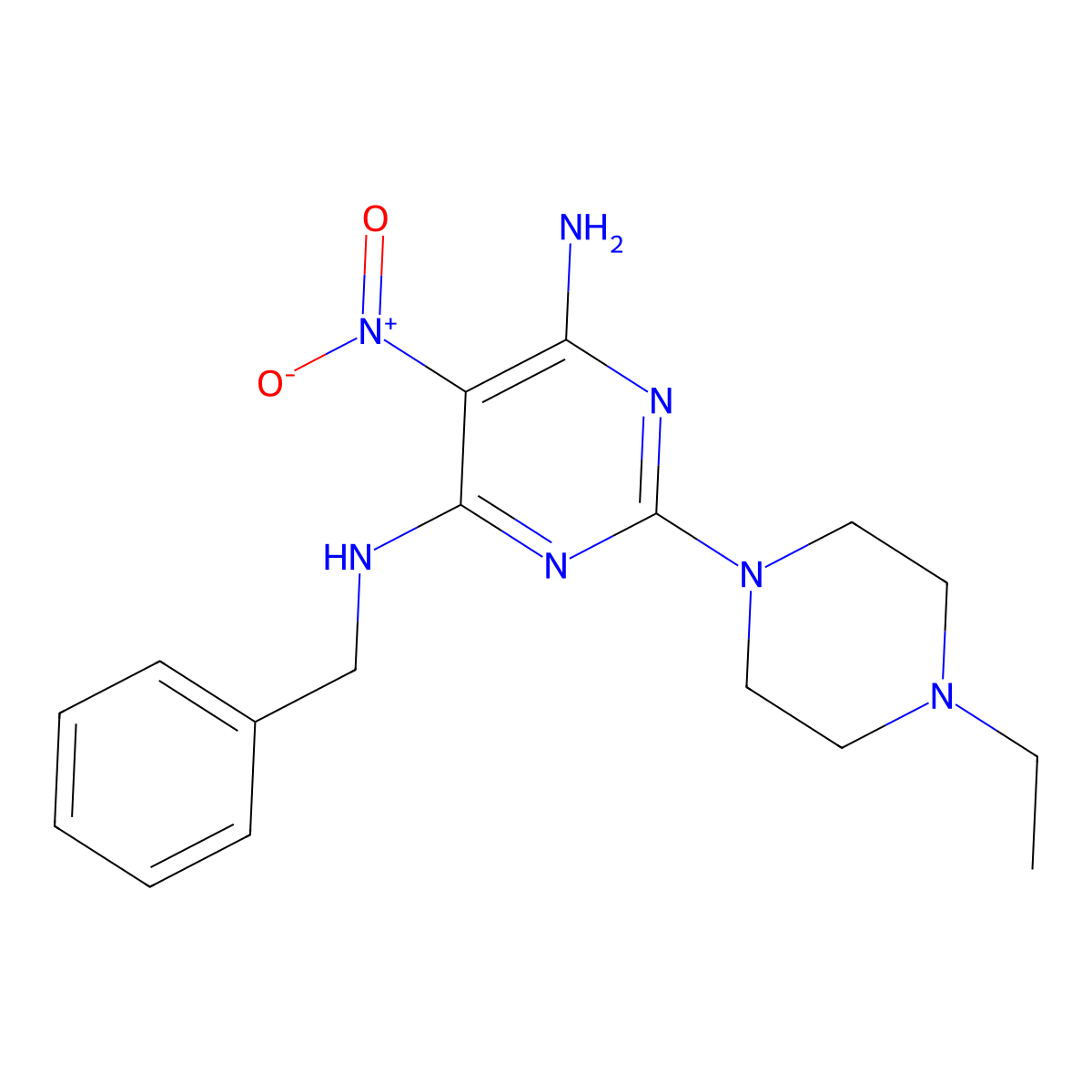 N4-benzyl-2-(4-ethylpiperazin-1-yl)-5-nitropyrimidine-4,6-diamine molecular structure, CAS 674337-10-1