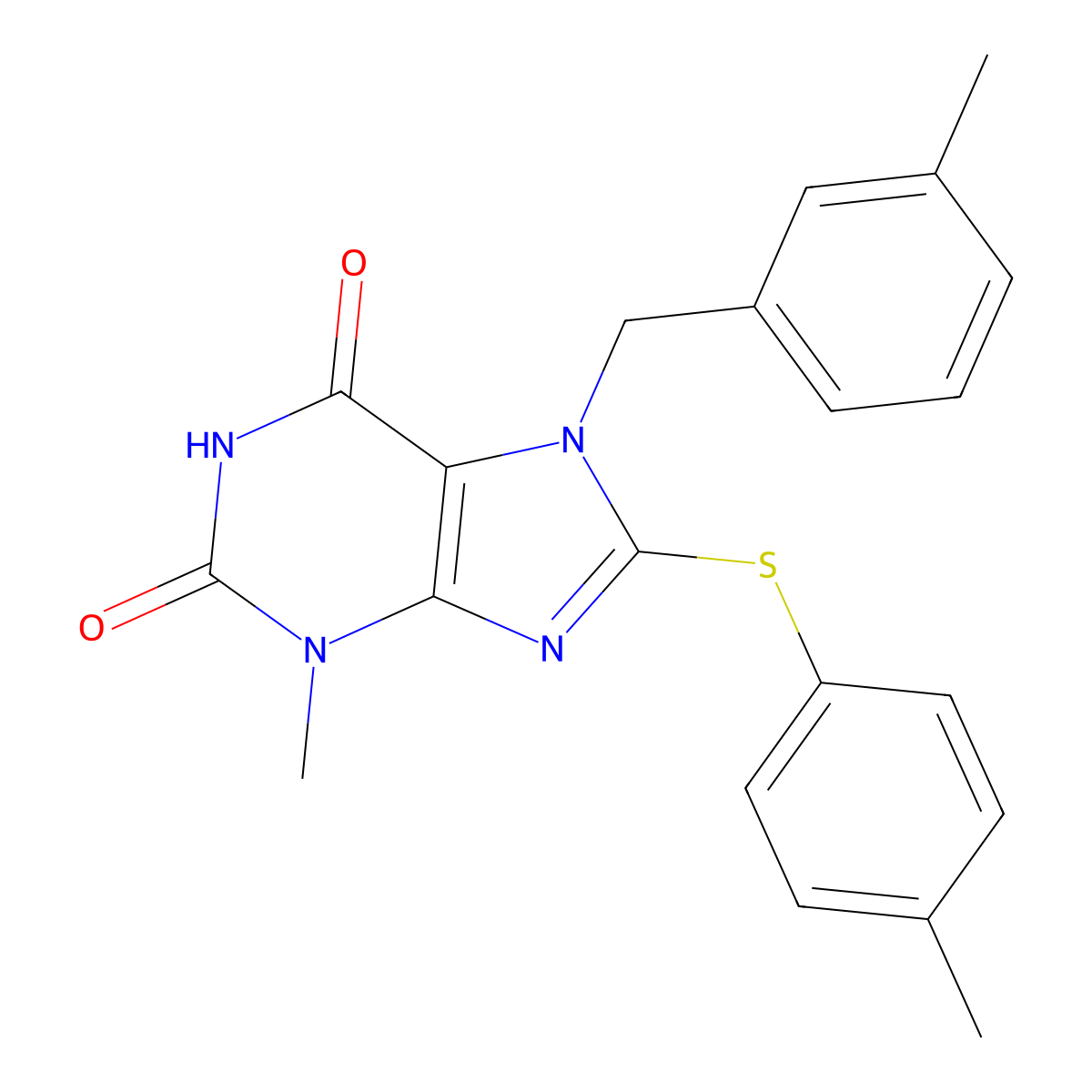 3-methyl-7-[(3-methylphenyl)methyl]-8-[(4-methylphenyl)sulfanyl]-2,3,6,7-tetrahydro-1H-purine-2,6-dione molecular structure, CAS 674338-19-3