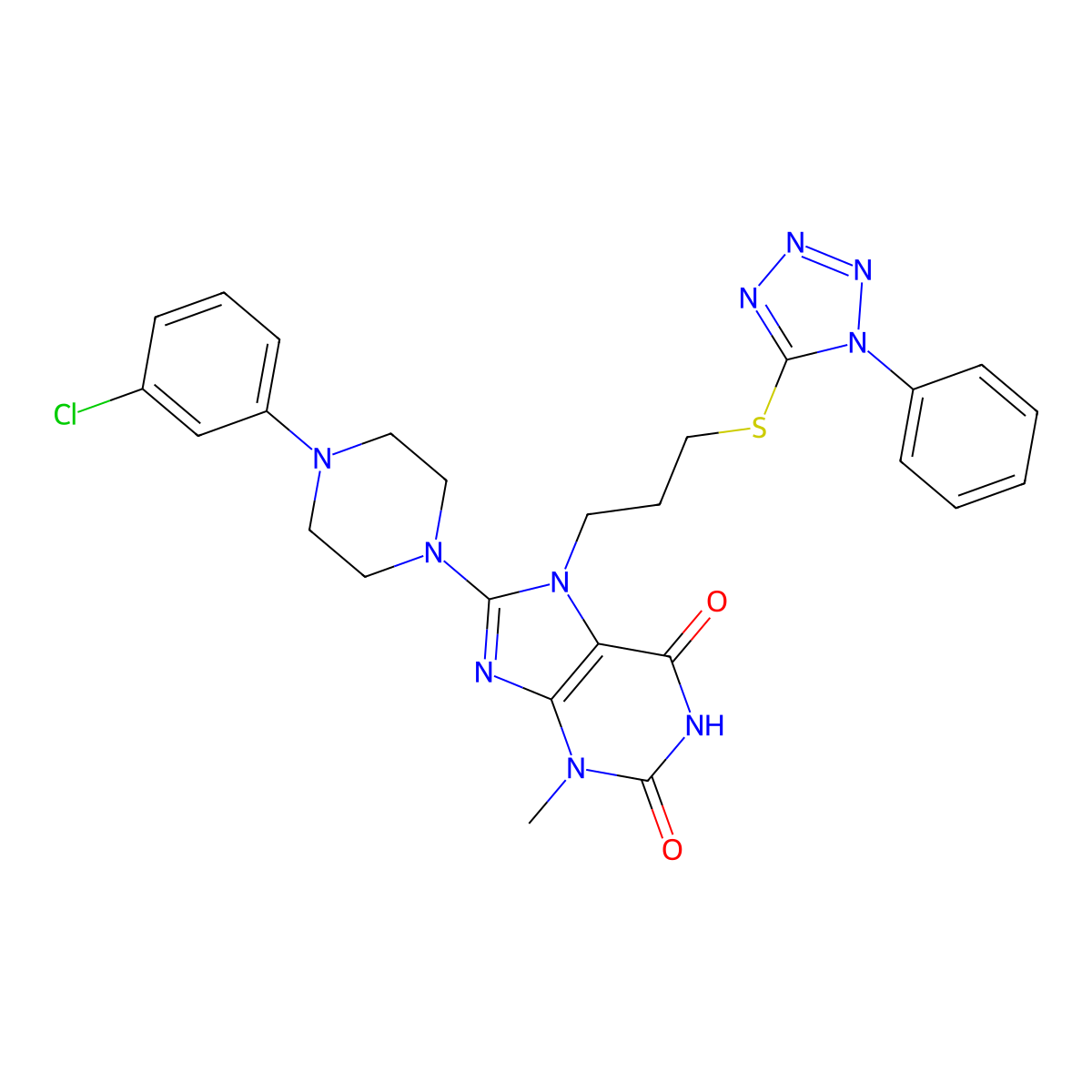 8-[4-(3-Chlorophenyl)piperazin-1-yl]-3-methyl-7-[3-(1-phenyltetrazol-5-yl)sulfanylpropyl]purine-2,6-dione molecular structure, CAS 674338-32-0