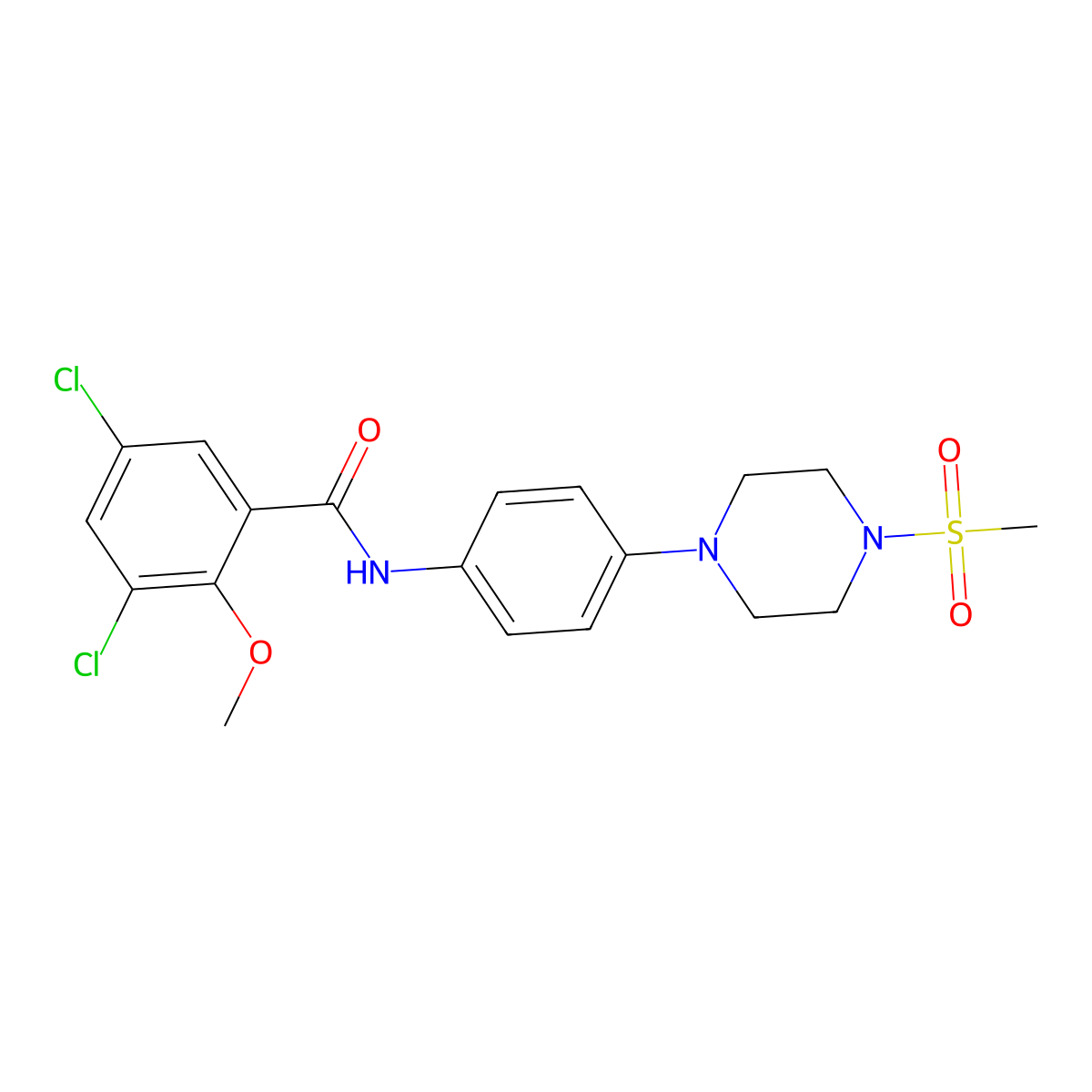 3,5-dichloro-2-methoxy-N-[4-(4-methylsulfonylpiperazin-1-yl)phenyl]benzamide molecular structure, CAS 674338-76-2
