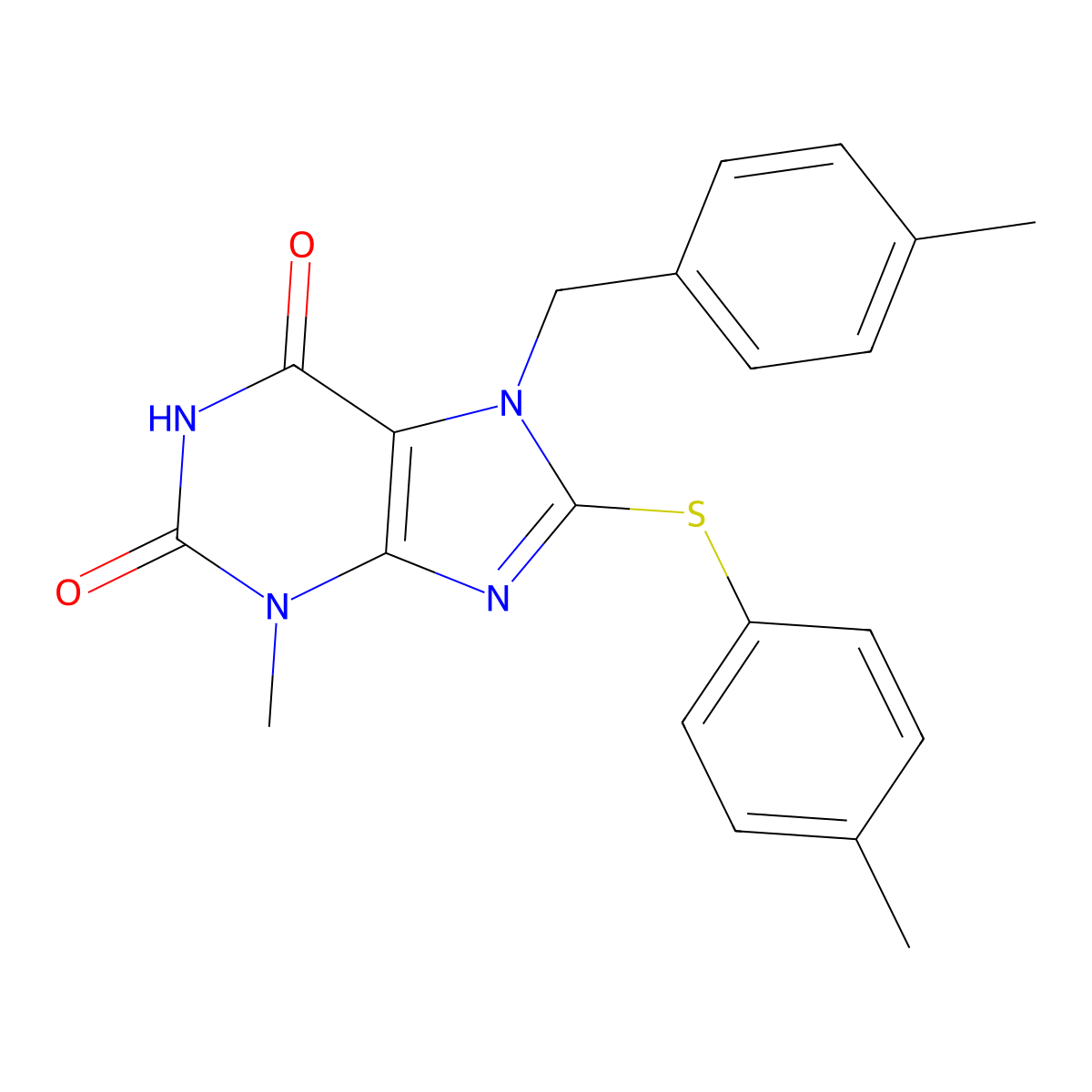 3-Methyl-7-[(4-methylphenyl)methyl]-8-(4-methylphenyl)sulfanylpurine-2,6-dione molecular structure, CAS 674338-93-3