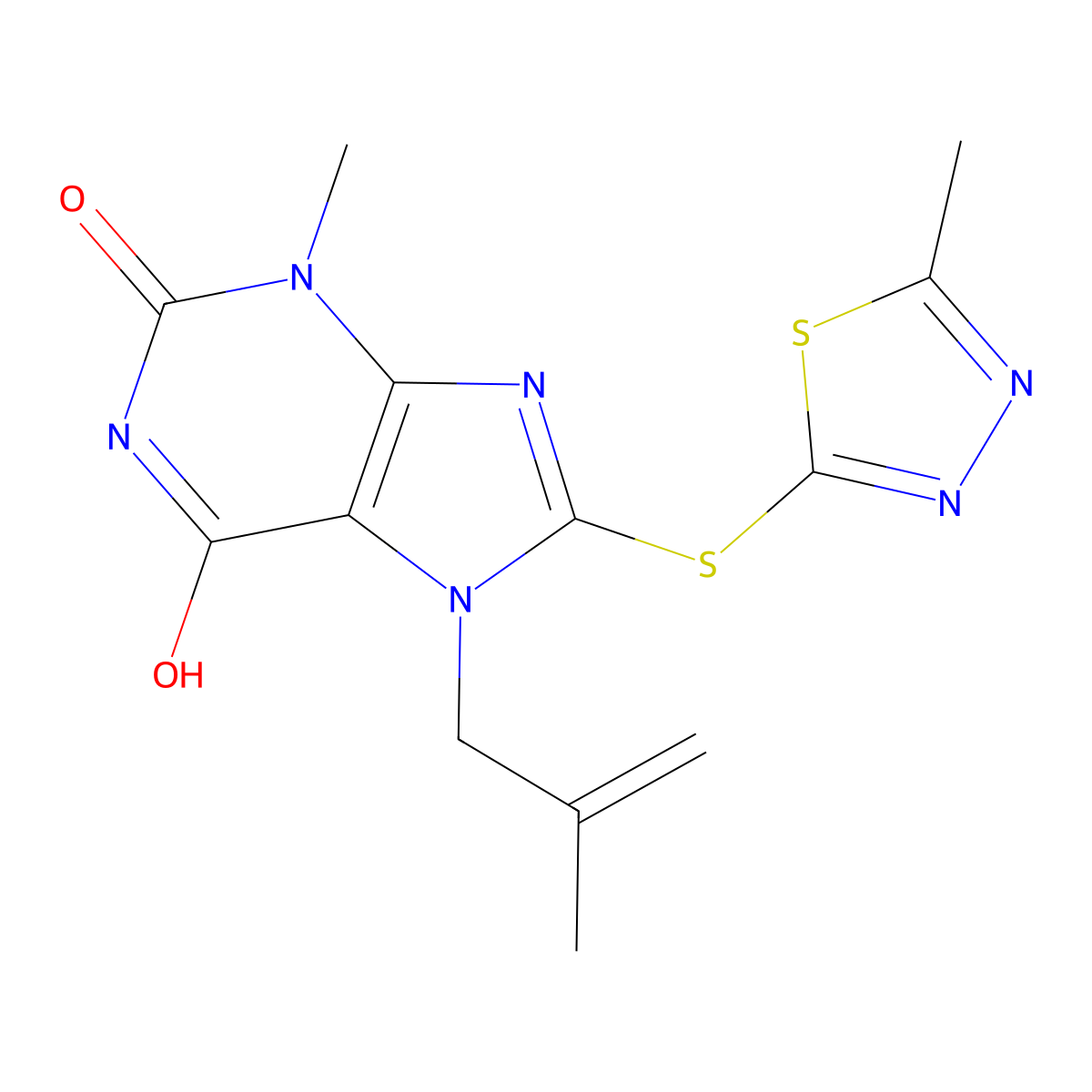 3-Methyl-7-(2-methylprop-2-enyl)-8-[(5-methyl-1,3,4-thiadiazol-2-yl)sulfanyl]purine-2,6-dione molecular structure, CAS 674339-02-7